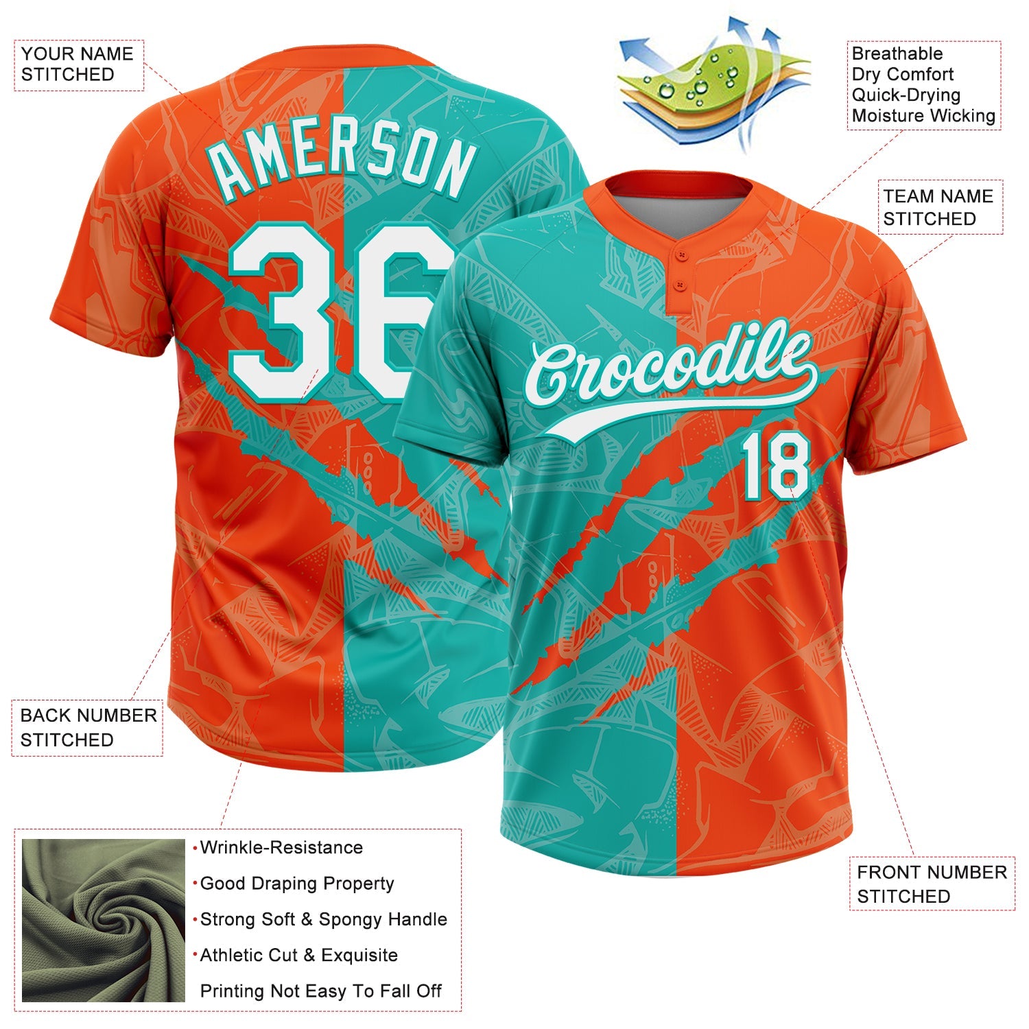 Custom Graffiti Pattern White Orange-Aqua 3D Scratch Two-Button Unisex Softball Jersey