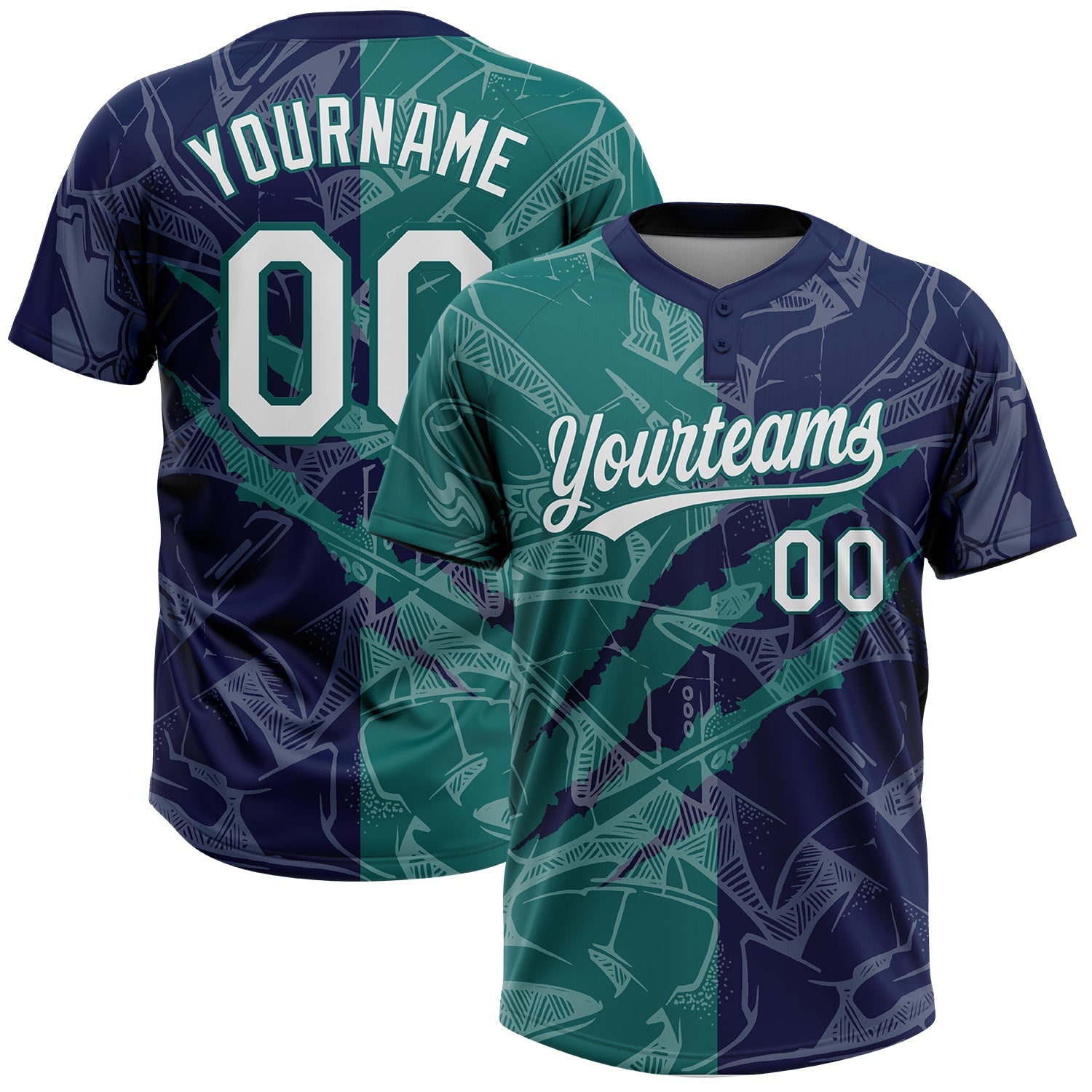 Custom Graffiti Pattern White Navy-Teal 3D Scratch Two-Button Unisex Softball Jersey
