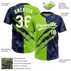 Custom Graffiti Pattern White Navy-Neon Green 3D Scratch Two-Button Unisex Softball Jersey