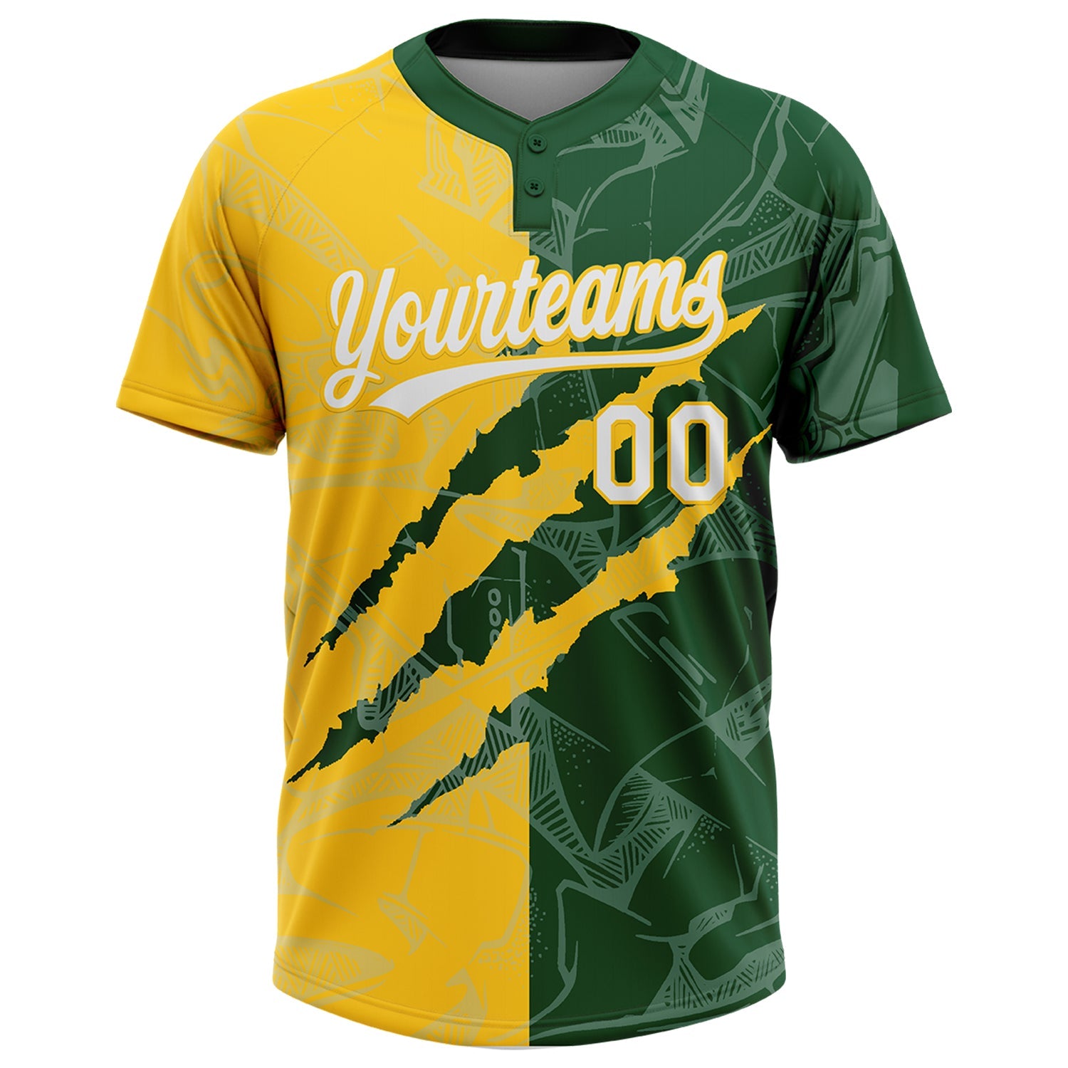 Custom Graffiti Pattern White Green-Yellow 3D Scratch Two-Button Unisex Softball Jersey