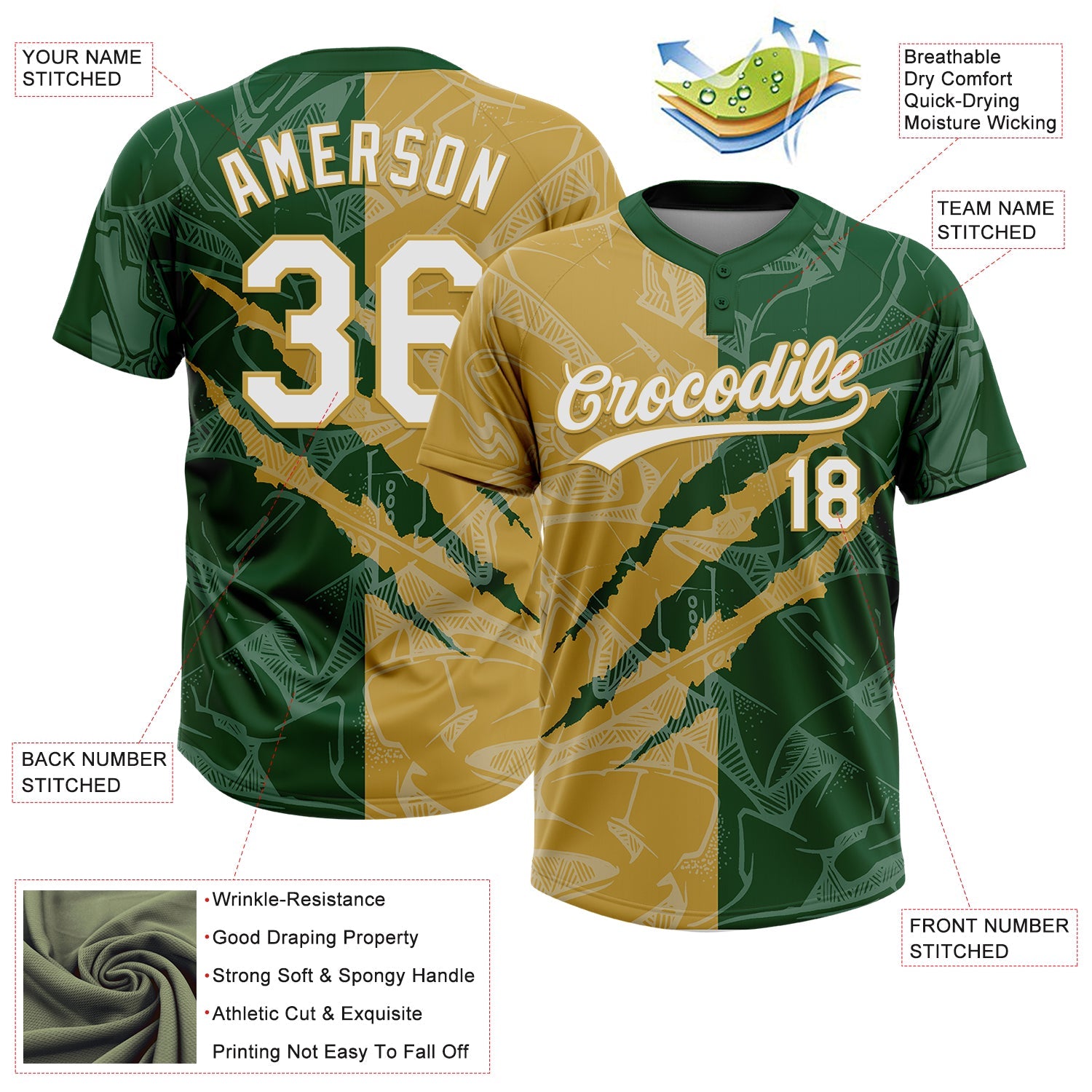 Custom Graffiti Pattern White Green-Old Gold 3D Scratch Two-Button Unisex Softball Jersey