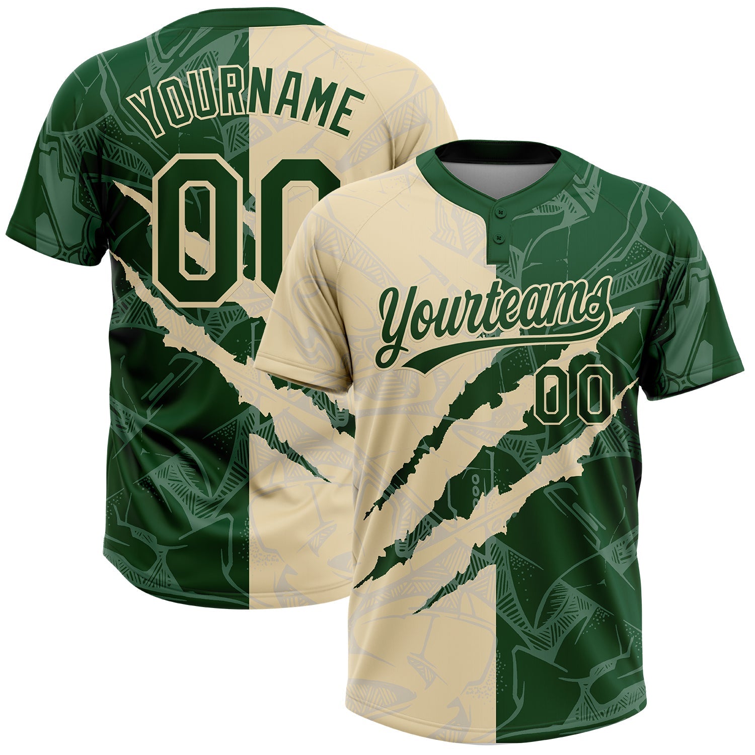 Custom Graffiti Pattern Green-Cream 3D Scratch Two-Button Unisex Softball Jersey