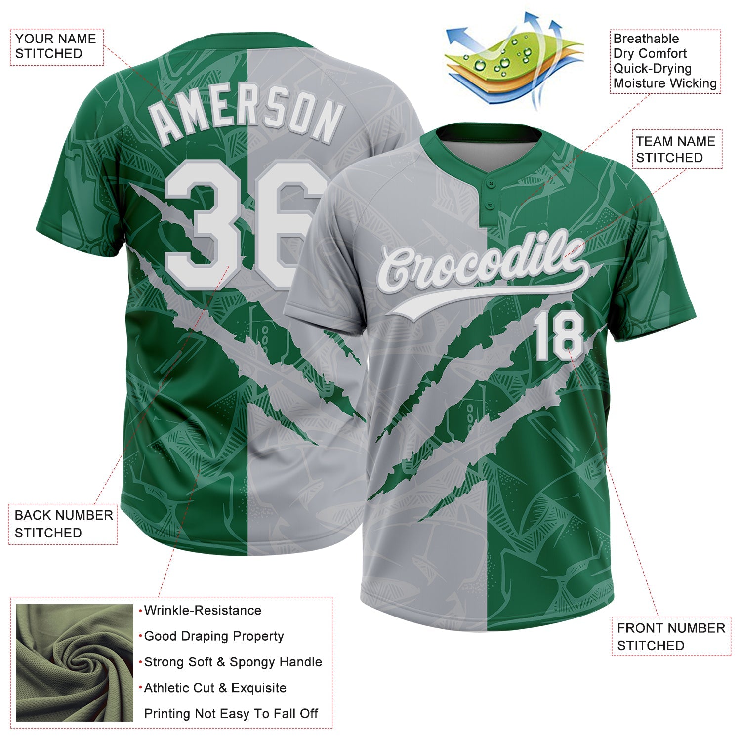 Custom Graffiti Pattern White Kelly Green-Gray 3D Scratch Two-Button Unisex Softball Jersey