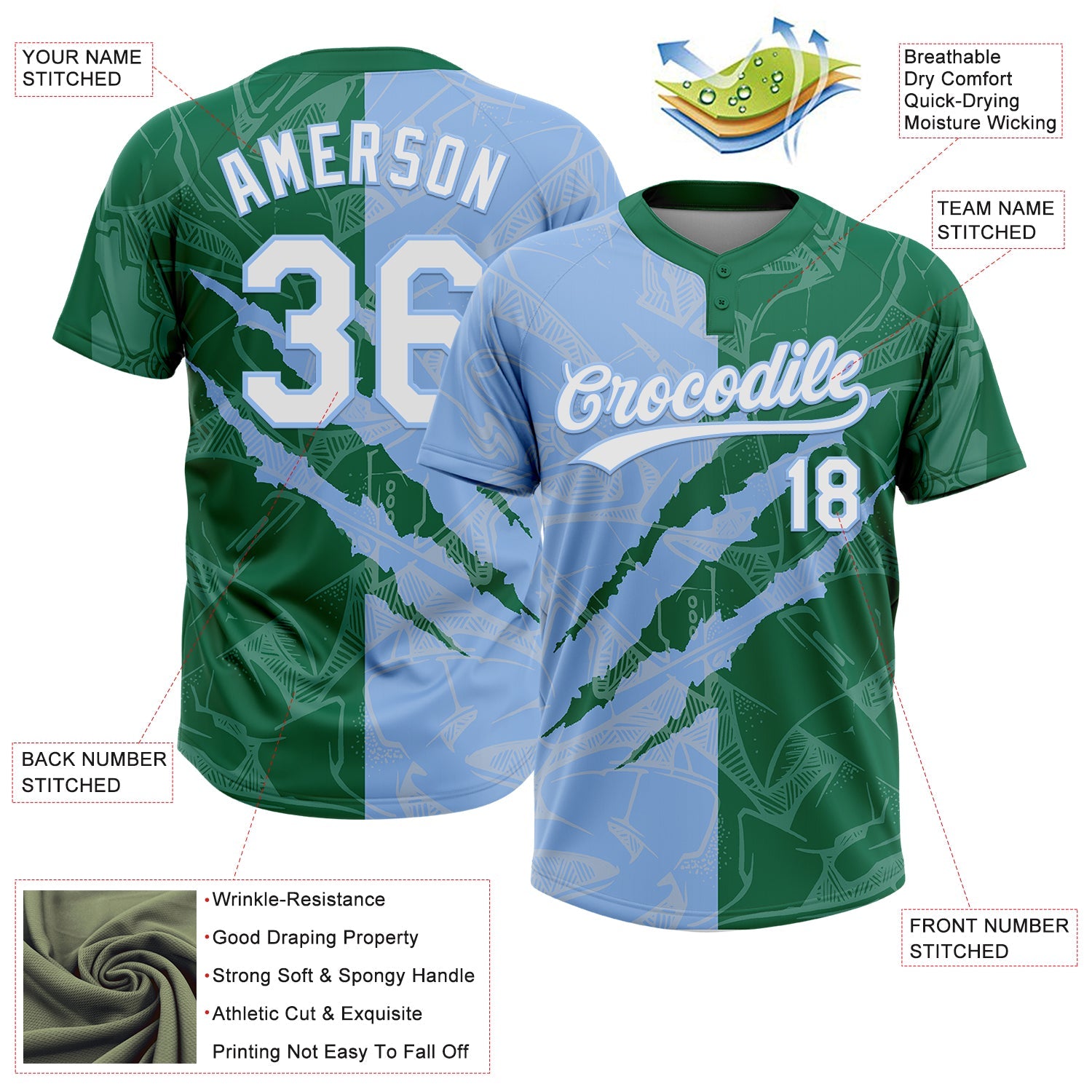 Custom Graffiti Pattern White Kelly Green-Light Blue 3D Scratch Two-Button Unisex Softball Jersey
