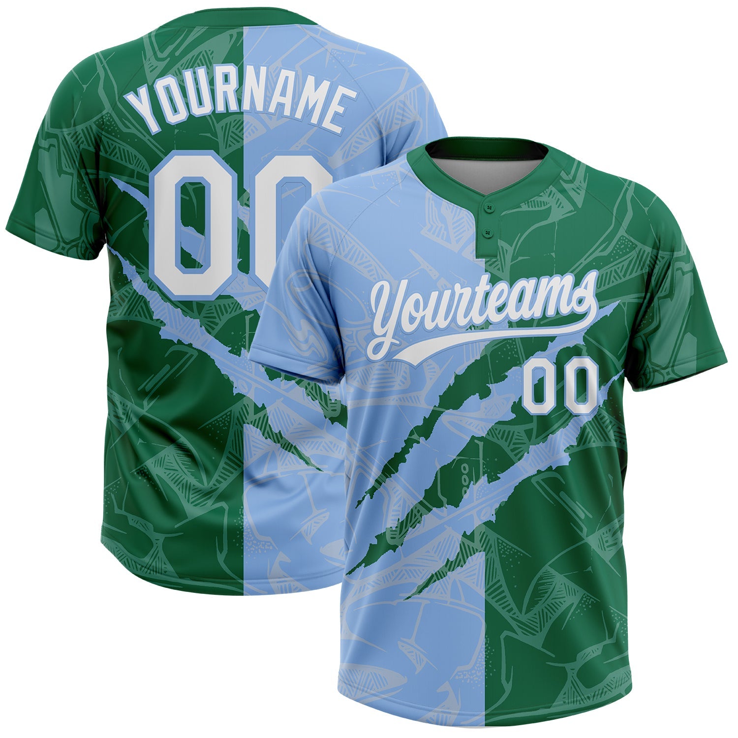 Custom Graffiti Pattern White Kelly Green-Light Blue 3D Scratch Two-Button Unisex Softball Jersey