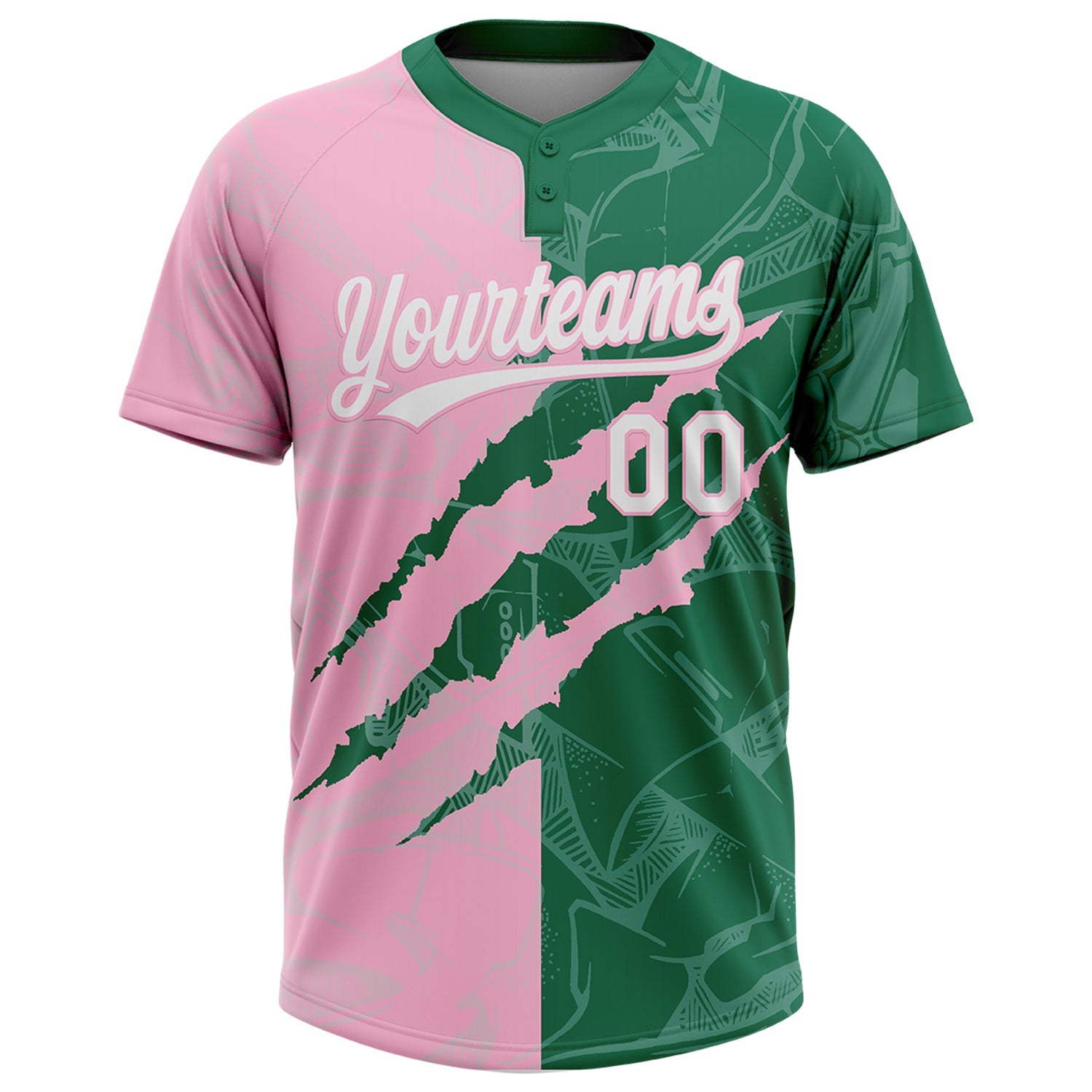 Custom Graffiti Pattern White Kelly Green-Light Pink 3D Scratch Two-Button Unisex Softball Jersey