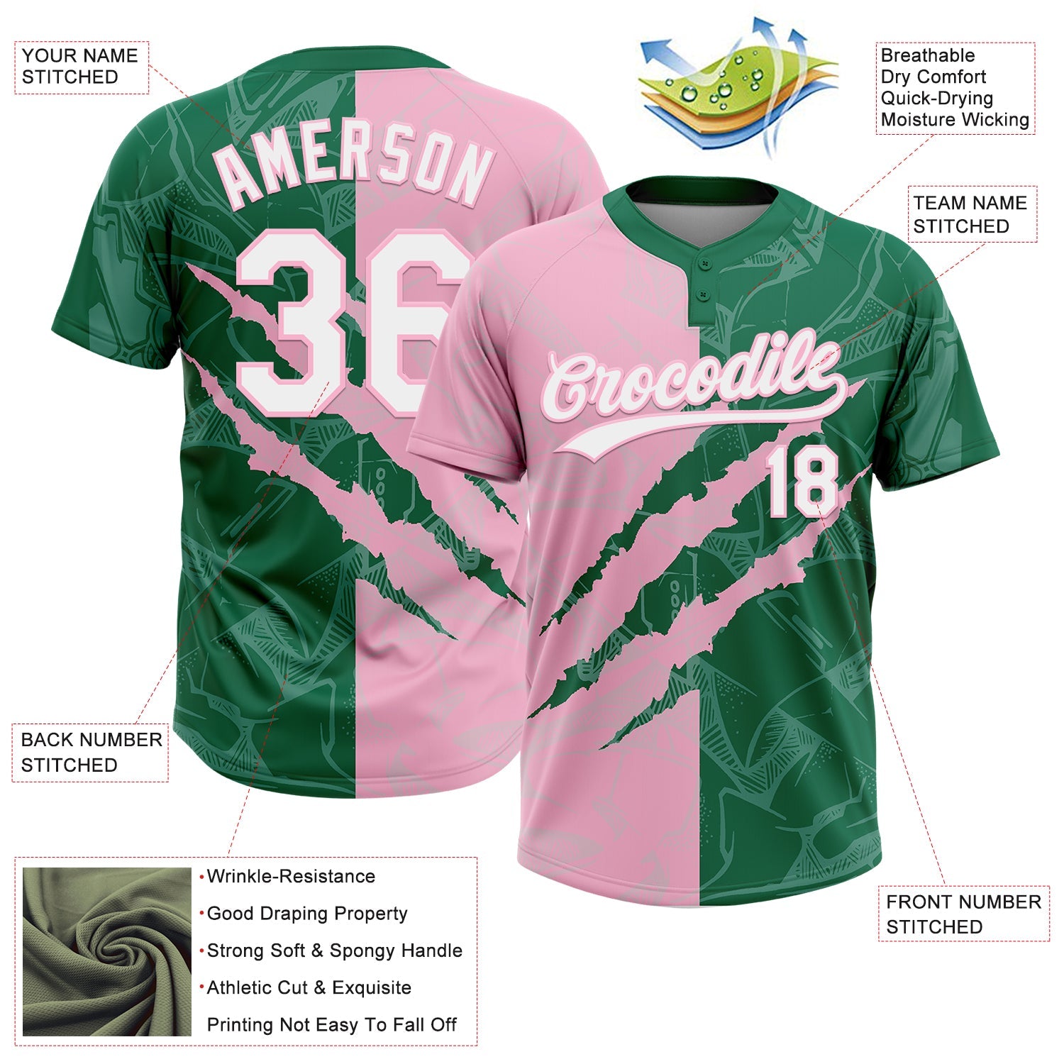 Custom Graffiti Pattern White Kelly Green-Light Pink 3D Scratch Two-Button Unisex Softball Jersey