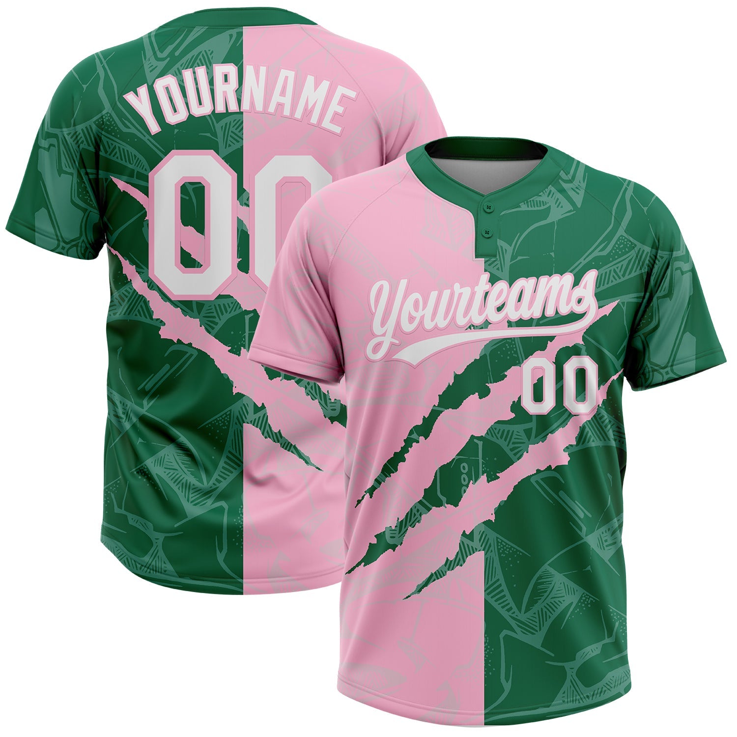 Custom Graffiti Pattern White Kelly Green-Light Pink 3D Scratch Two-Button Unisex Softball Jersey