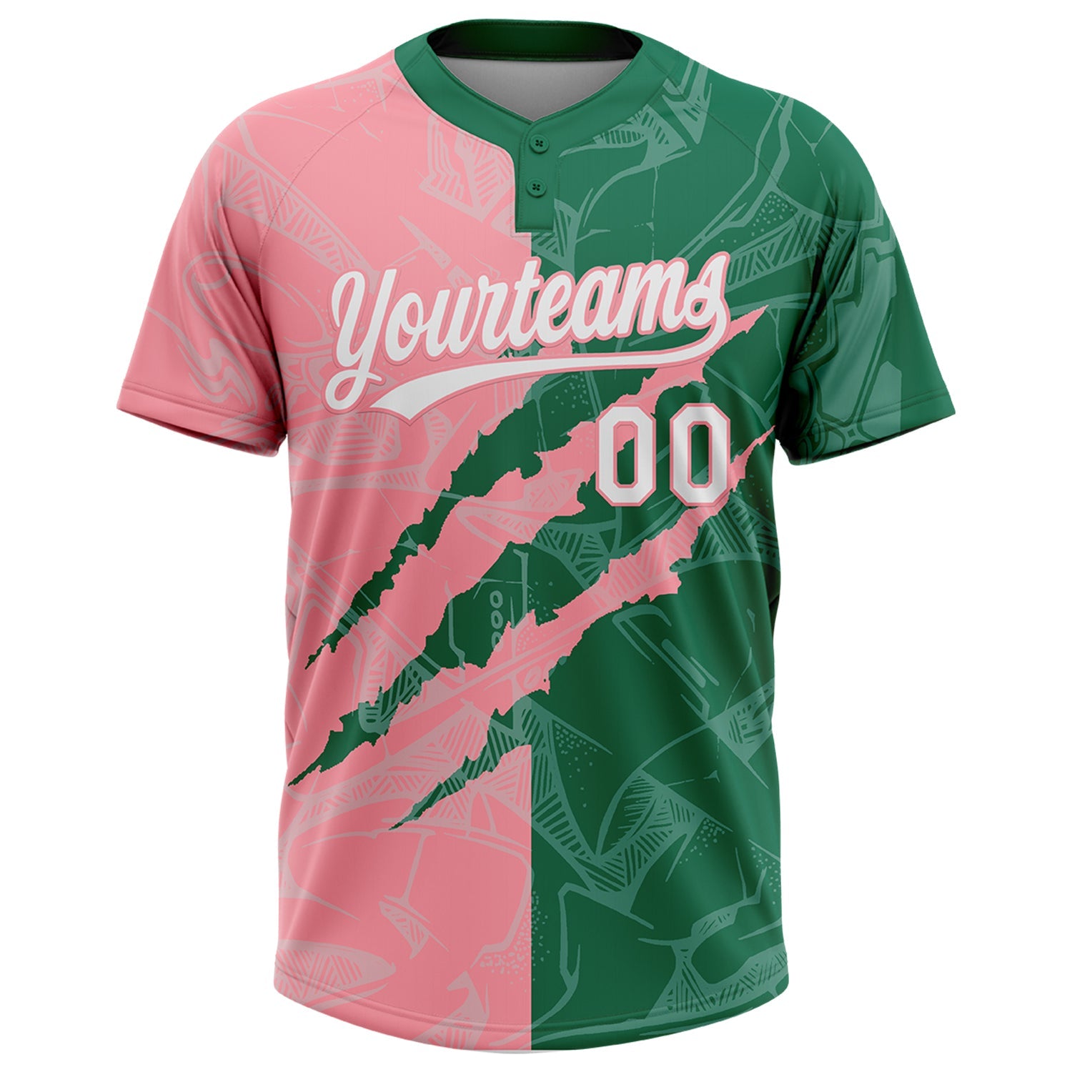 Custom Graffiti Pattern White Kelly Green-Medium Pink 3D Scratch Two-Button Unisex Softball Jersey