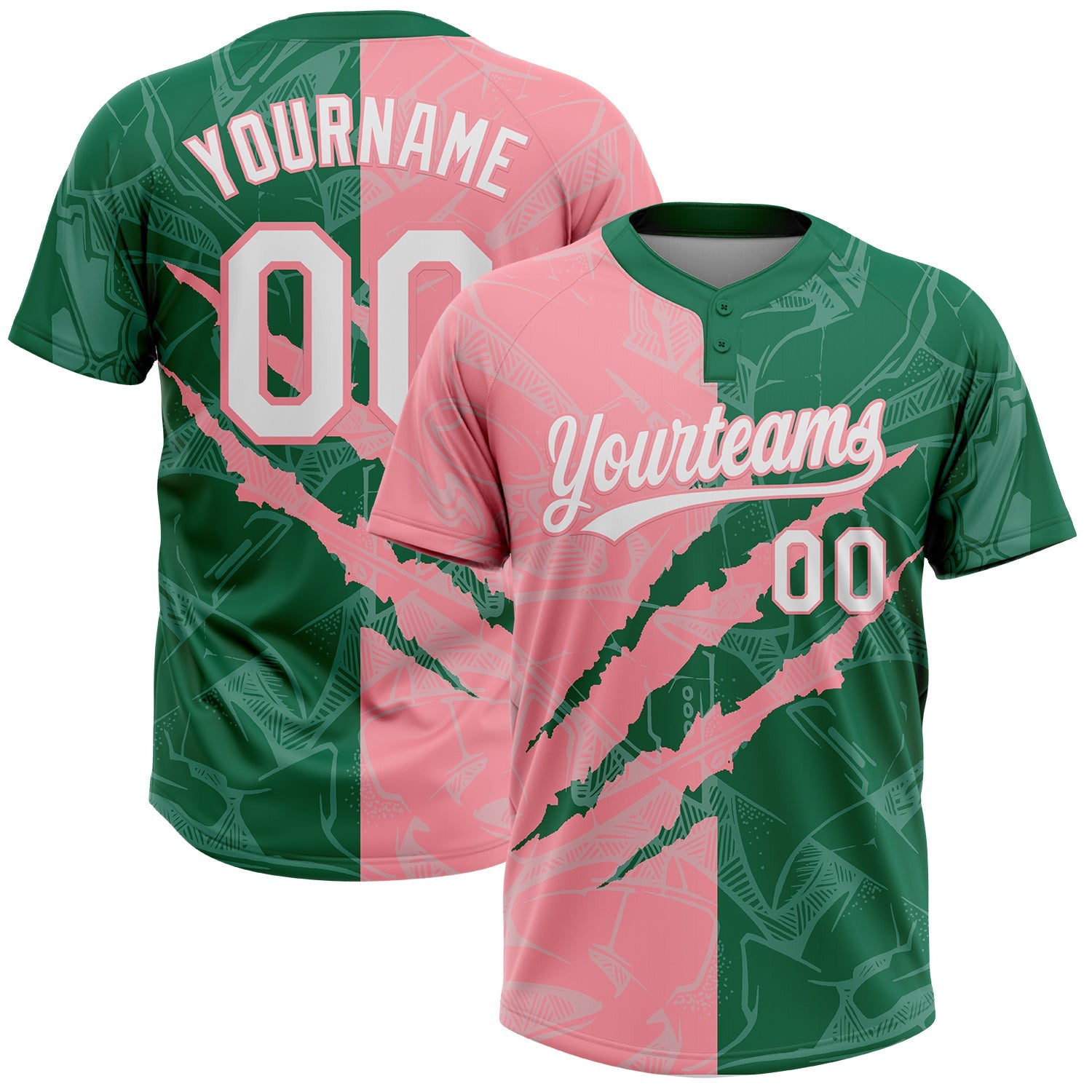 Custom Graffiti Pattern White Kelly Green-Medium Pink 3D Scratch Two-Button Unisex Softball Jersey