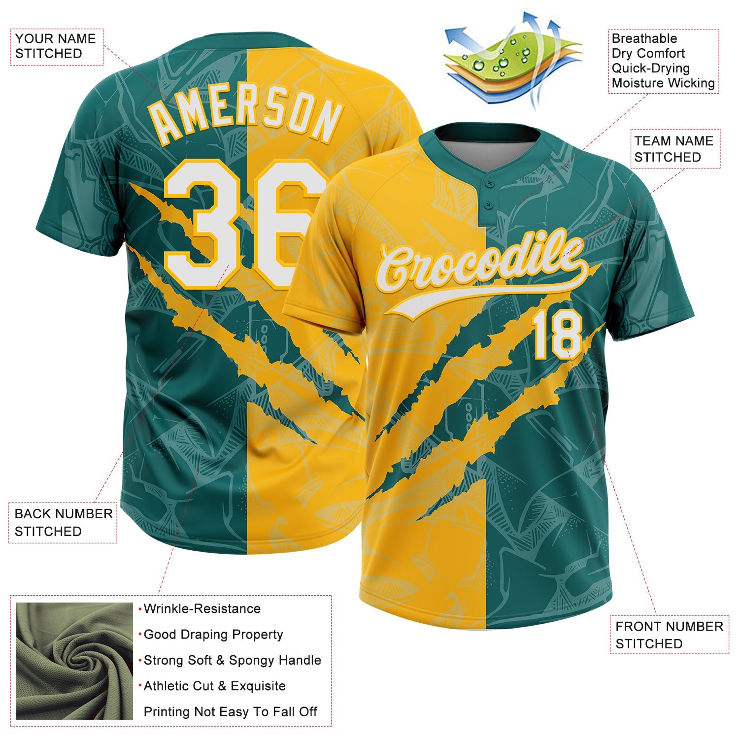Custom Graffiti Pattern White Teal-Gold 3D Scratch Two-Button Unisex Softball Jersey