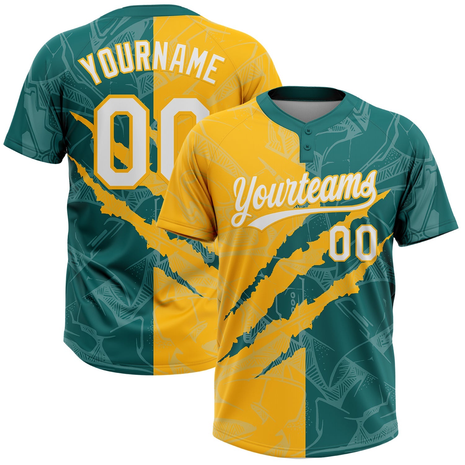 Custom Graffiti Pattern White Teal-Gold 3D Scratch Two-Button Unisex Softball Jersey