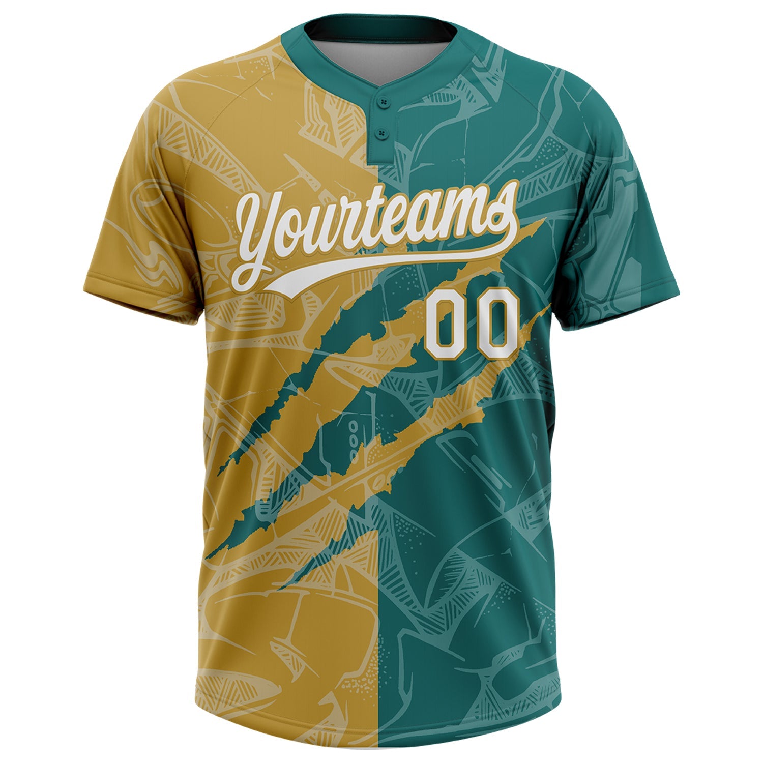 Custom Graffiti Pattern White Teal-Old Gold 3D Scratch Two-Button Unisex Softball Jersey