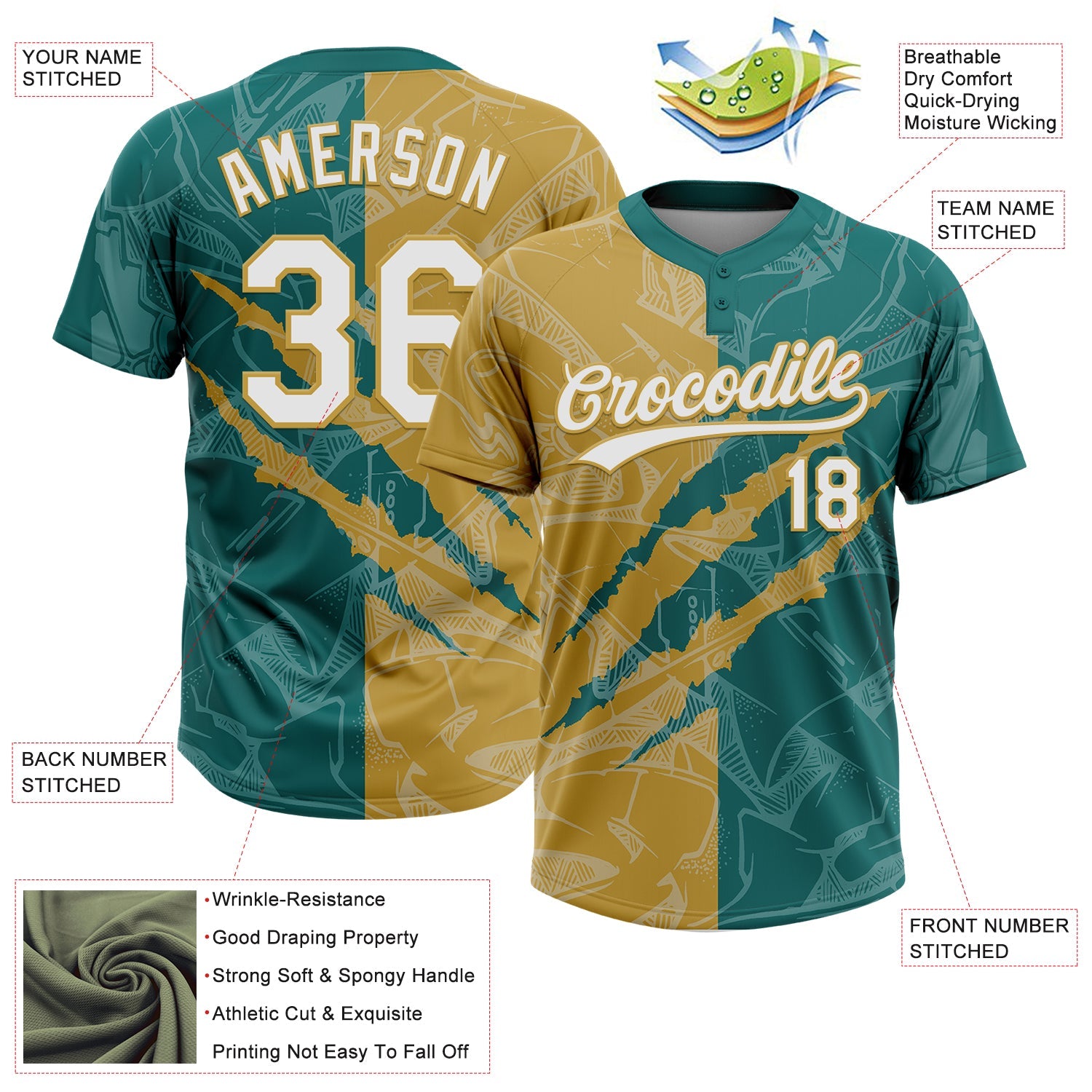 Custom Graffiti Pattern White Teal-Old Gold 3D Scratch Two-Button Unisex Softball Jersey