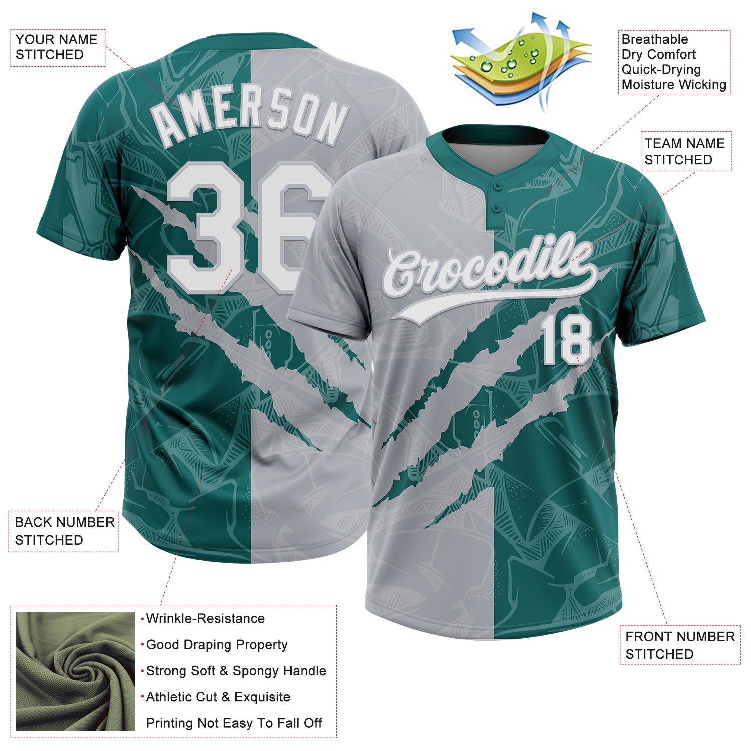 Custom Graffiti Pattern White Teal-Gray 3D Scratch Two-Button Unisex Softball Jersey