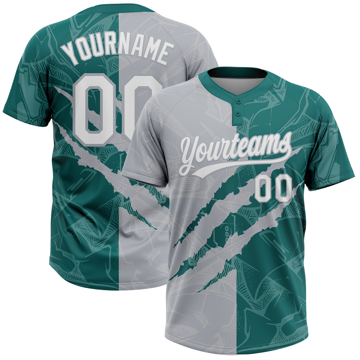 Custom Graffiti Pattern White Teal-Gray 3D Scratch Two-Button Unisex Softball Jersey