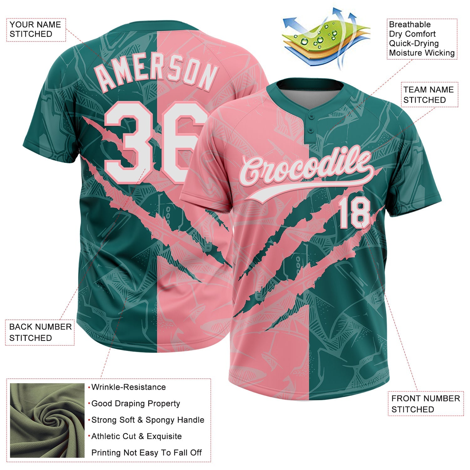 Custom Graffiti Pattern White Teal-Medium Pink 3D Scratch Two-Button Unisex Softball Jersey