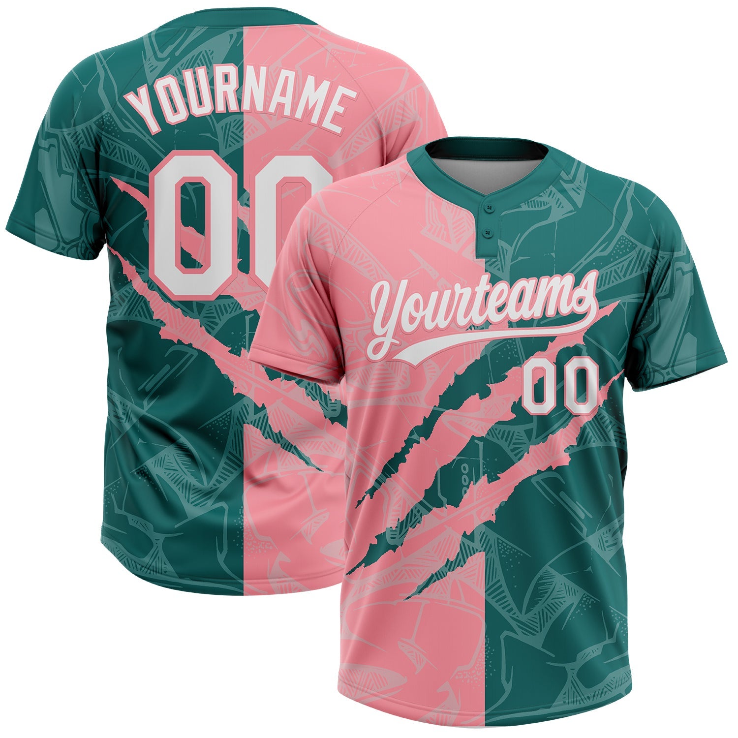 Custom Graffiti Pattern White Teal-Medium Pink 3D Scratch Two-Button Unisex Softball Jersey