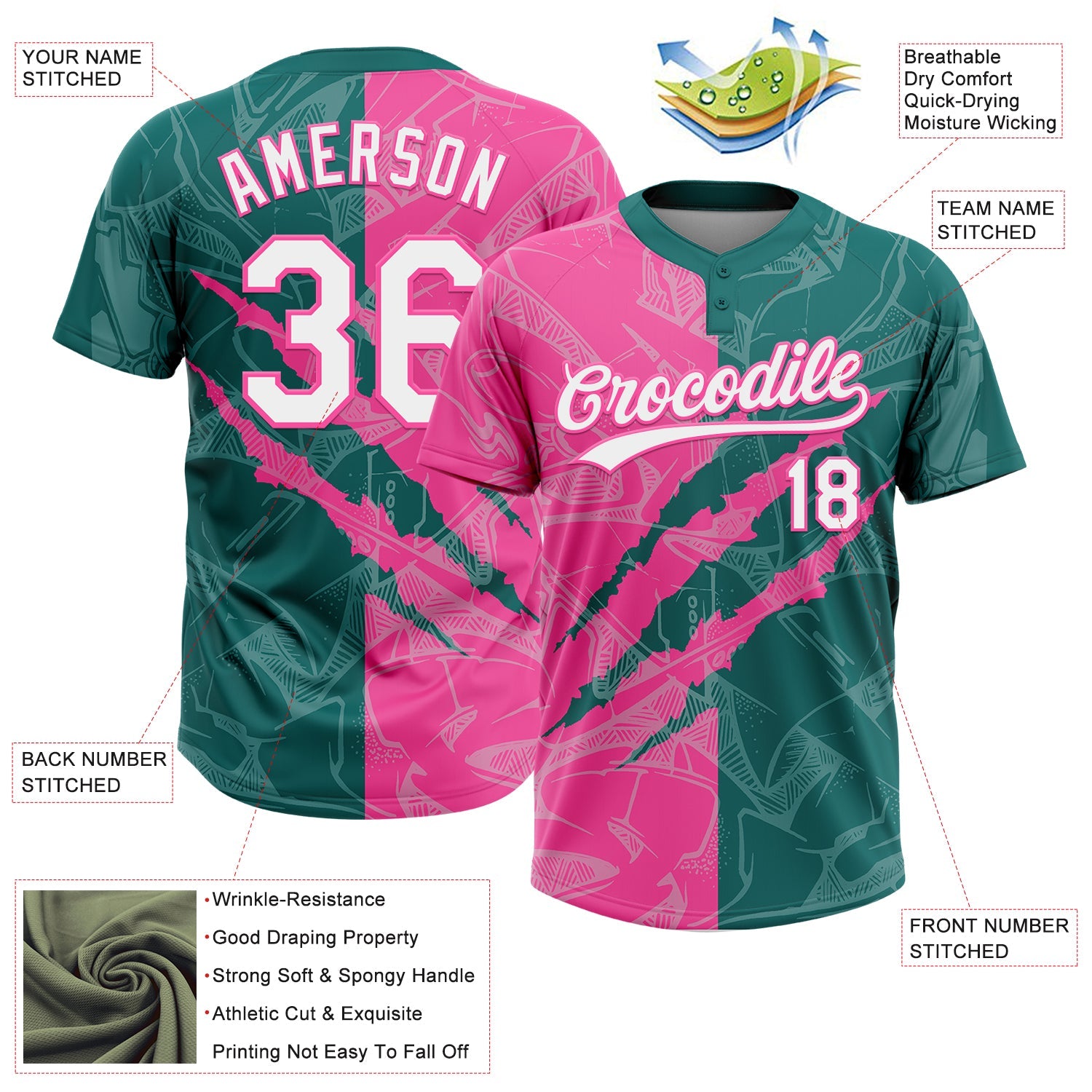 Custom Graffiti Pattern White Teal-Pink 3D Scratch Two-Button Unisex Softball Jersey