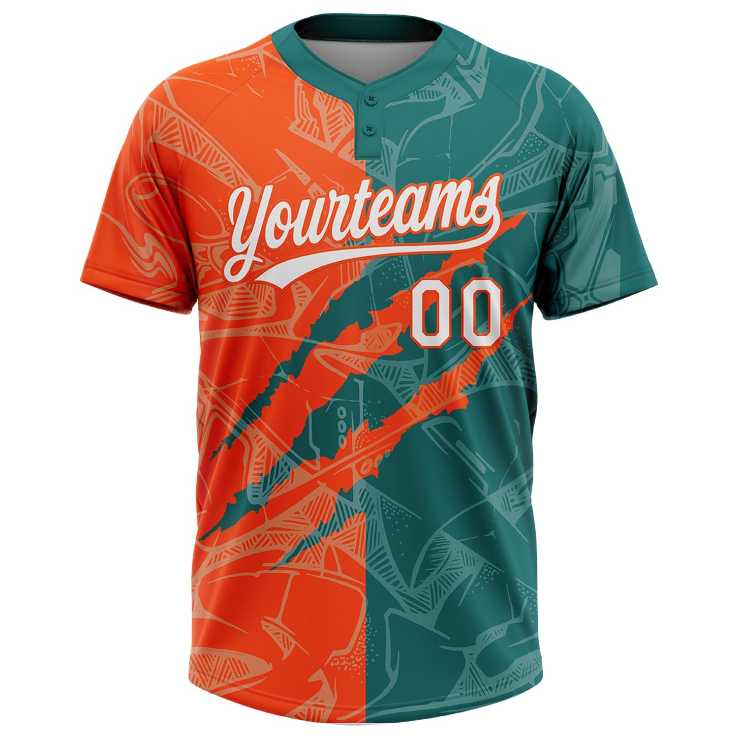 Custom Graffiti Pattern White Teal-Orange 3D Scratch Two-Button Unisex Softball Jersey