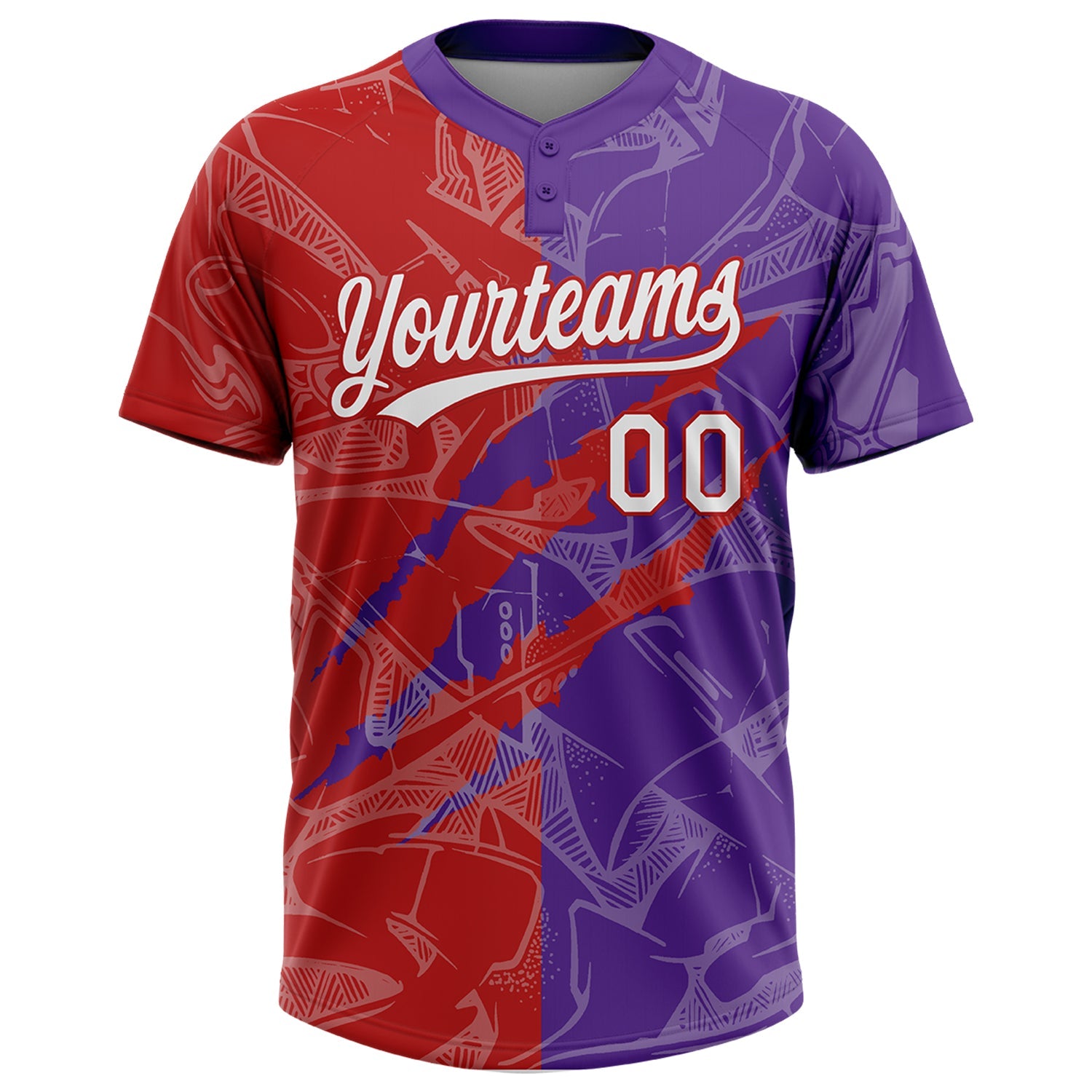 Custom Graffiti Pattern White Purple-Red 3D Scratch Two-Button Unisex Softball Jersey