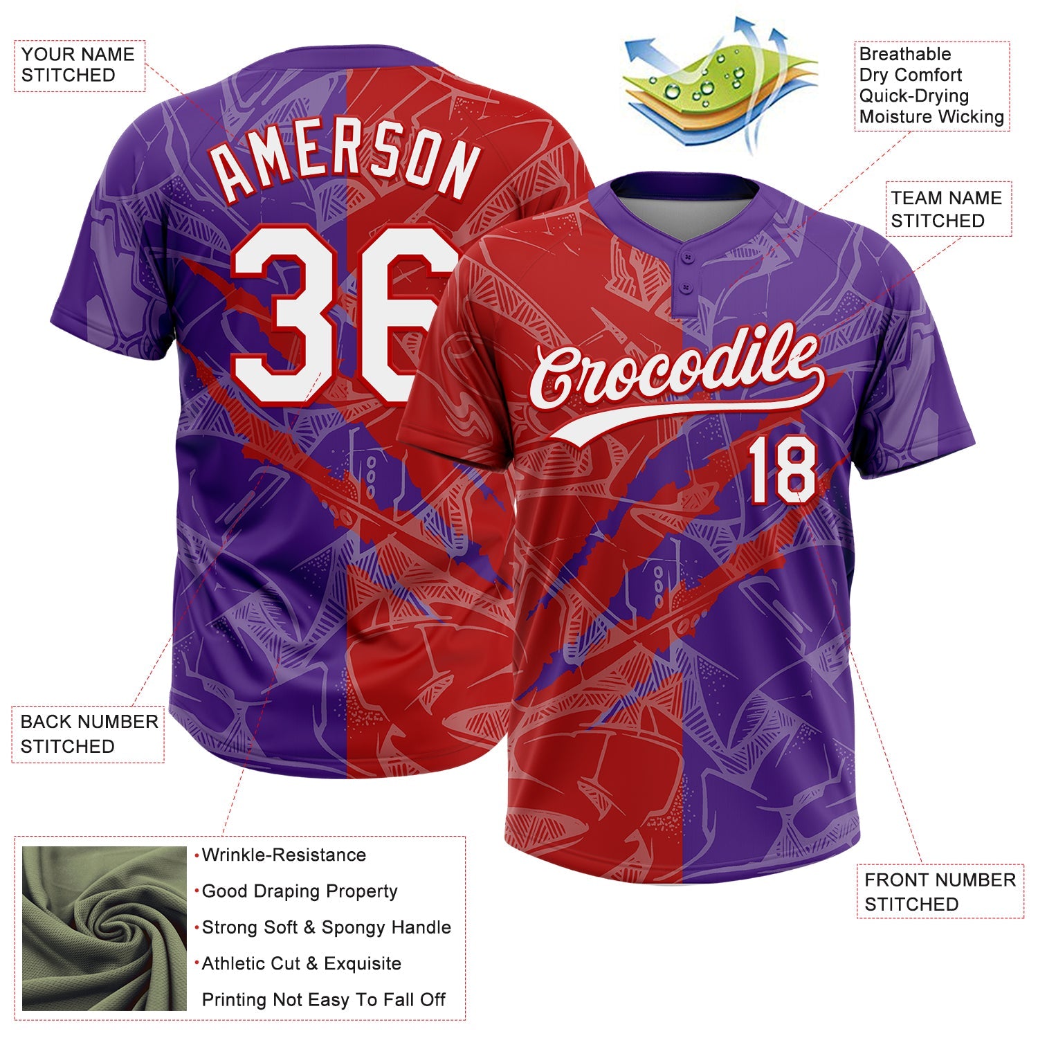Custom Graffiti Pattern White Purple-Red 3D Scratch Two-Button Unisex Softball Jersey