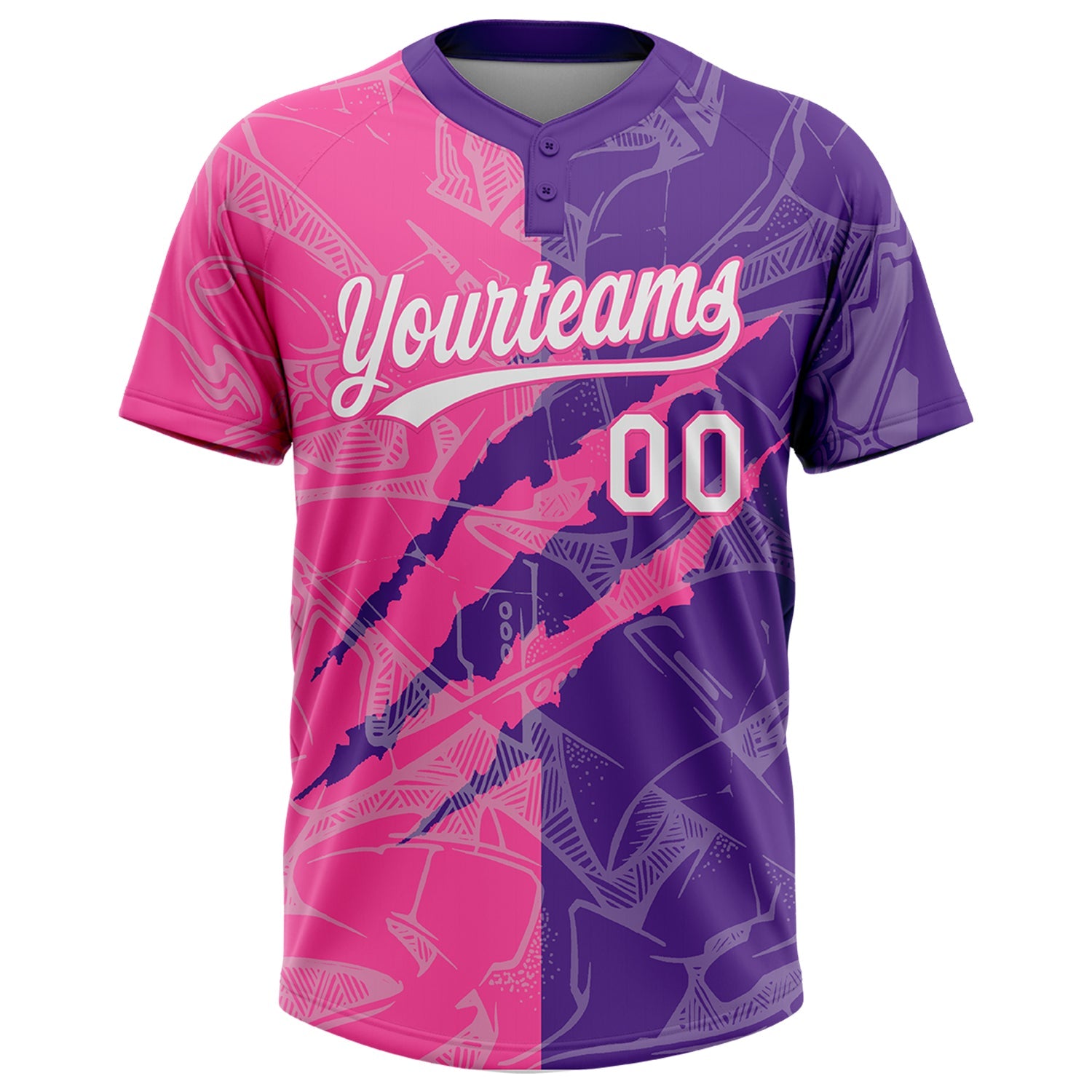Custom Graffiti Pattern White Purple-Pink 3D Scratch Two-Button Unisex Softball Jersey