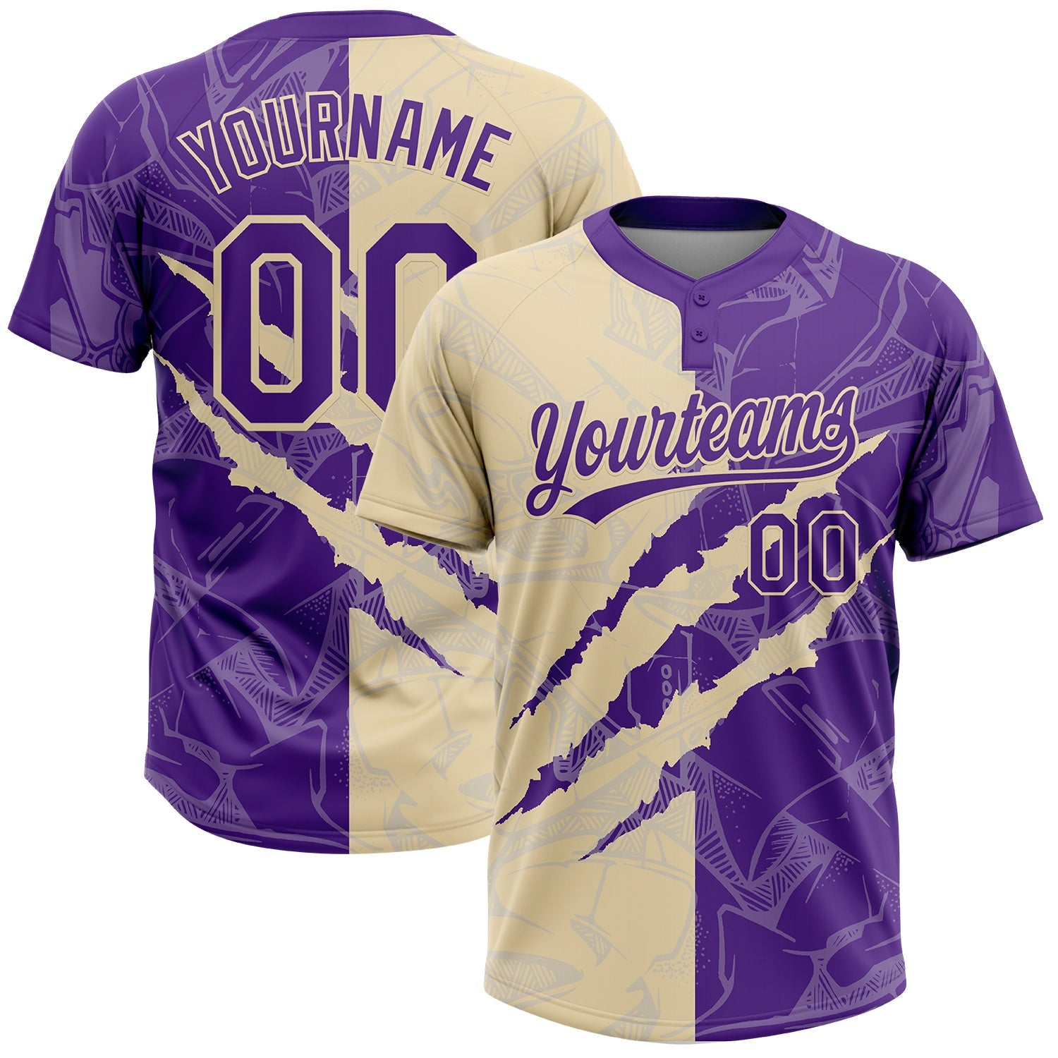 Custom Graffiti Pattern Purple-Cream 3D Scratch Two-Button Unisex Softball Jersey