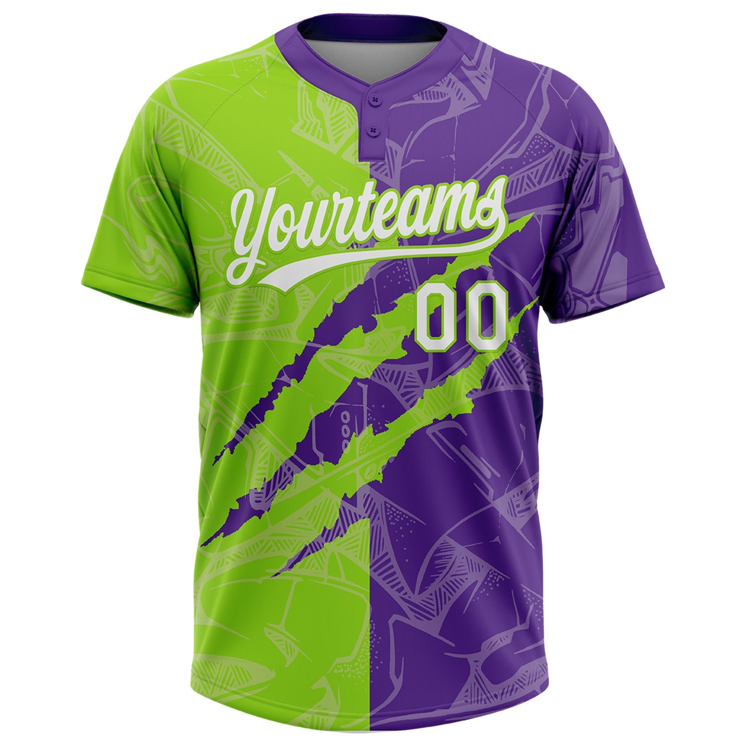 Custom Graffiti Pattern White Purple-Neon Green 3D Scratch Two-Button Unisex Softball Jersey