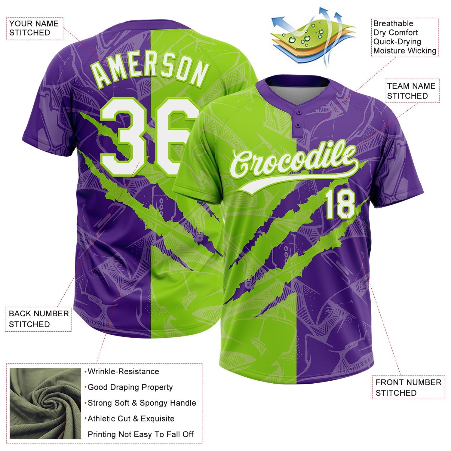 Custom Graffiti Pattern White Purple-Neon Green 3D Scratch Two-Button Unisex Softball Jersey
