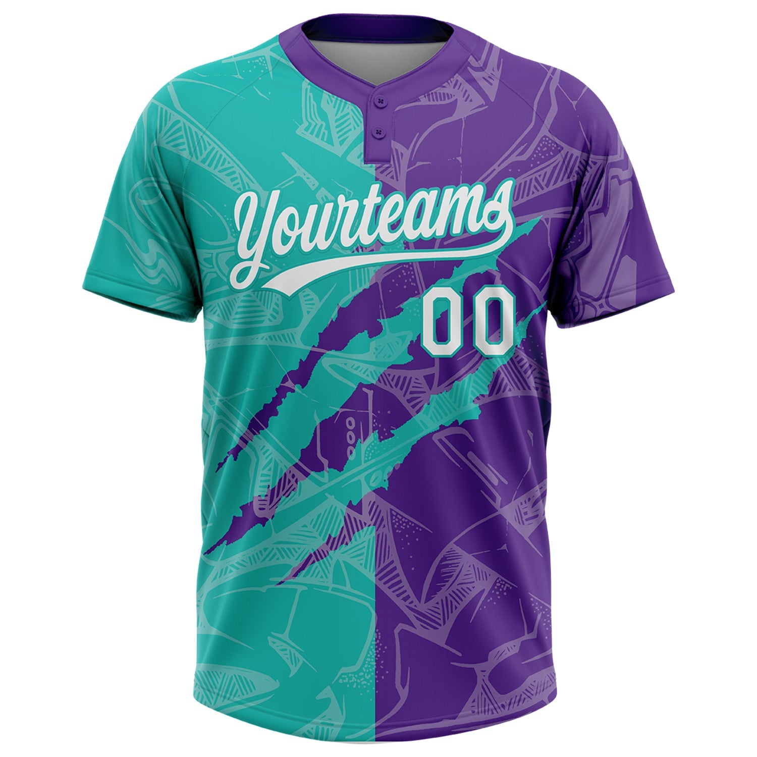 Custom Graffiti Pattern White Purple-Aqua 3D Scratch Two-Button Unisex Softball Jersey