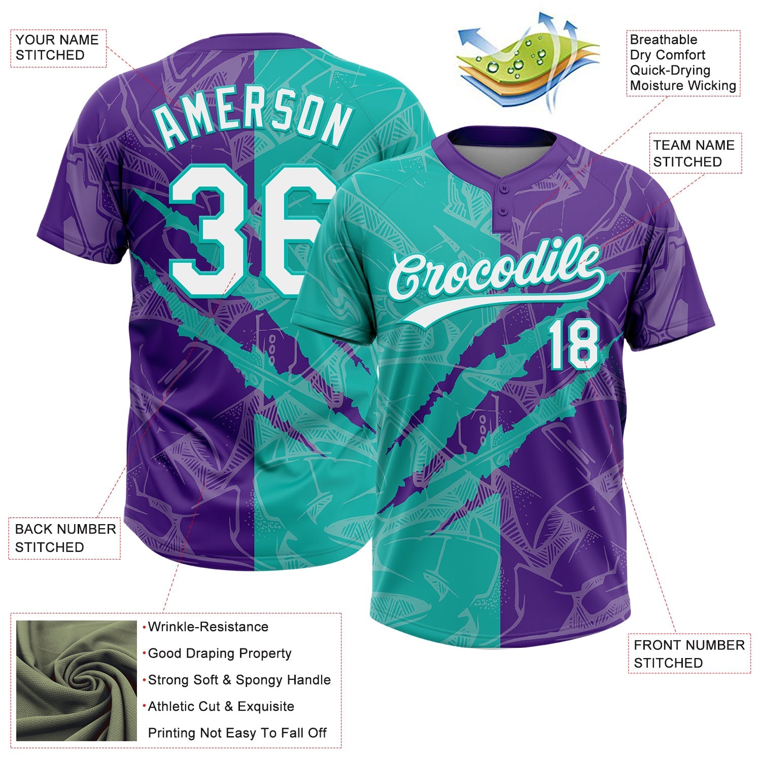 Custom Graffiti Pattern White Purple-Aqua 3D Scratch Two-Button Unisex Softball Jersey