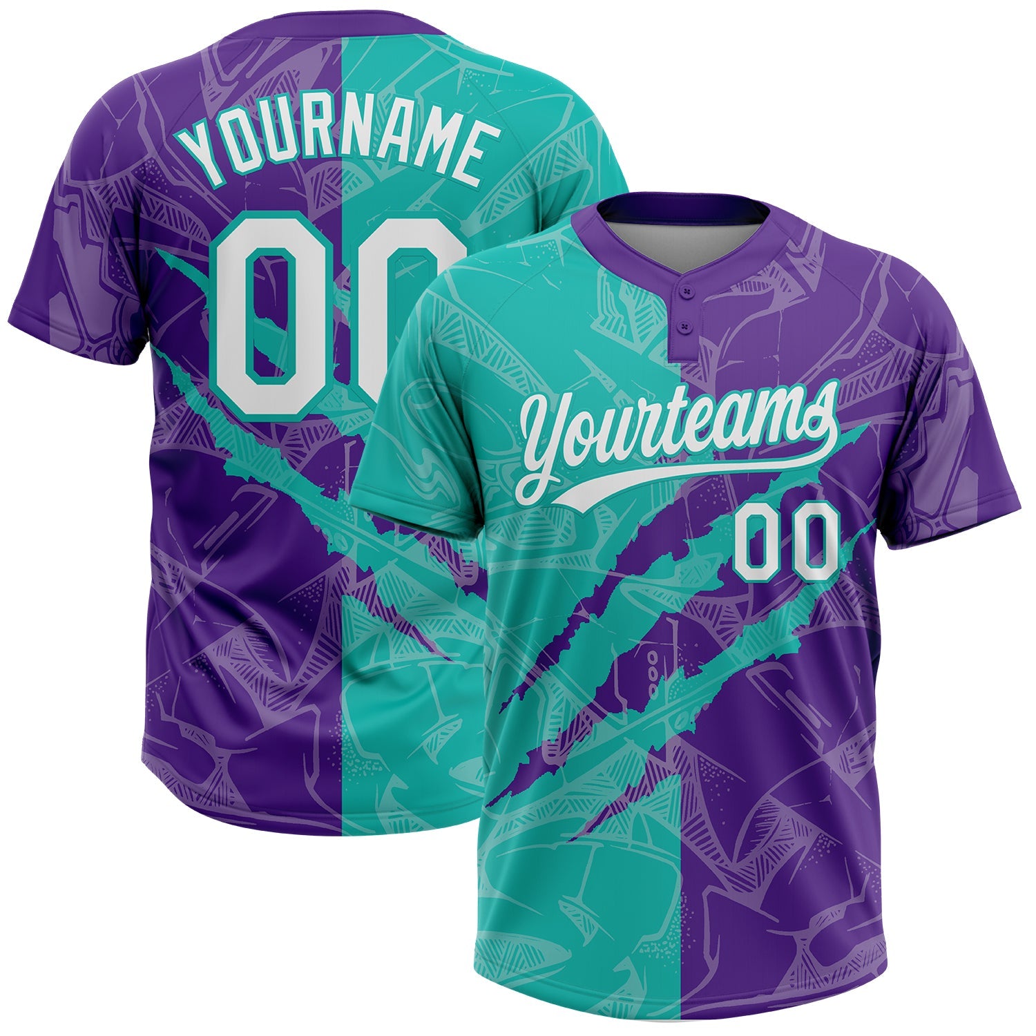 Custom Graffiti Pattern White Purple-Aqua 3D Scratch Two-Button Unisex Softball Jersey