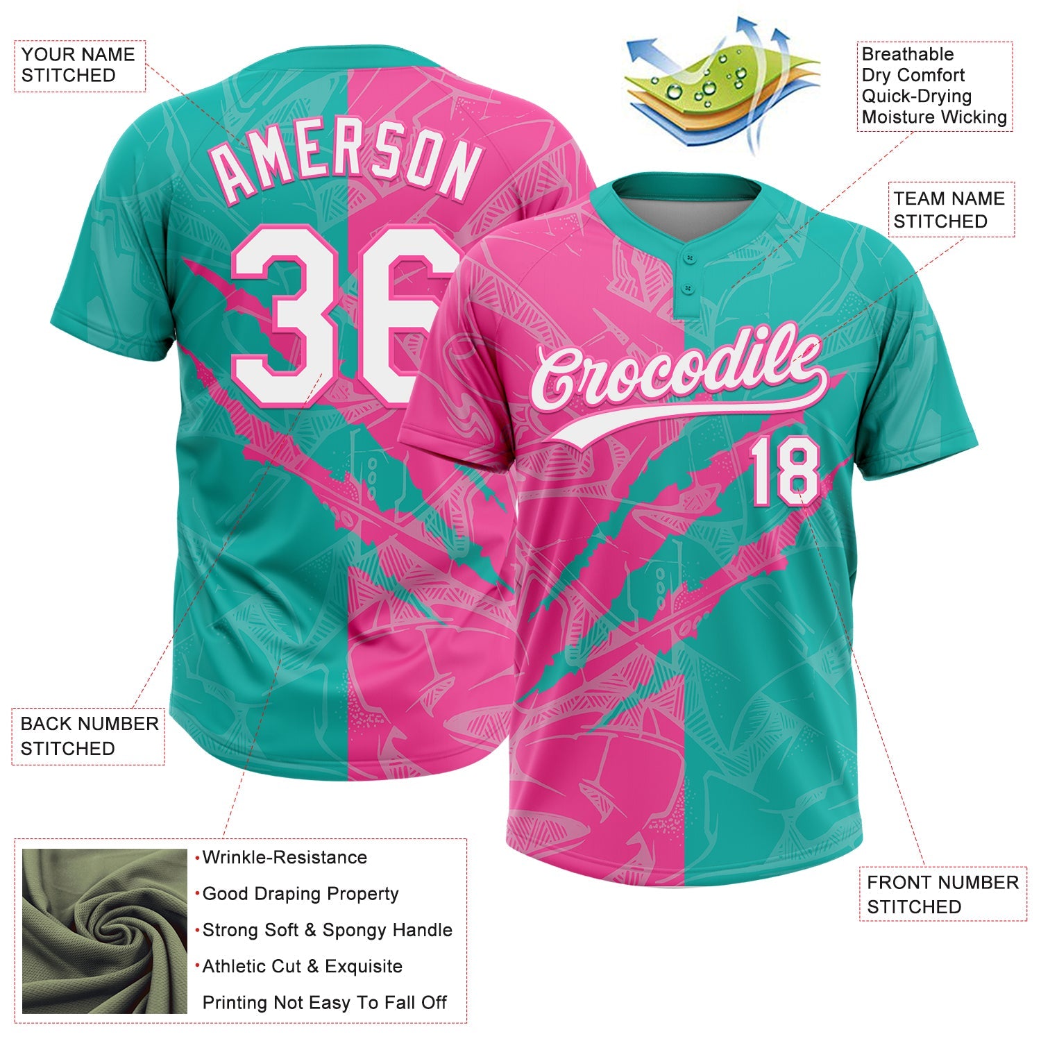 Custom Graffiti Pattern White Aqua-Pink 3D Scratch Two-Button Unisex Softball Jersey