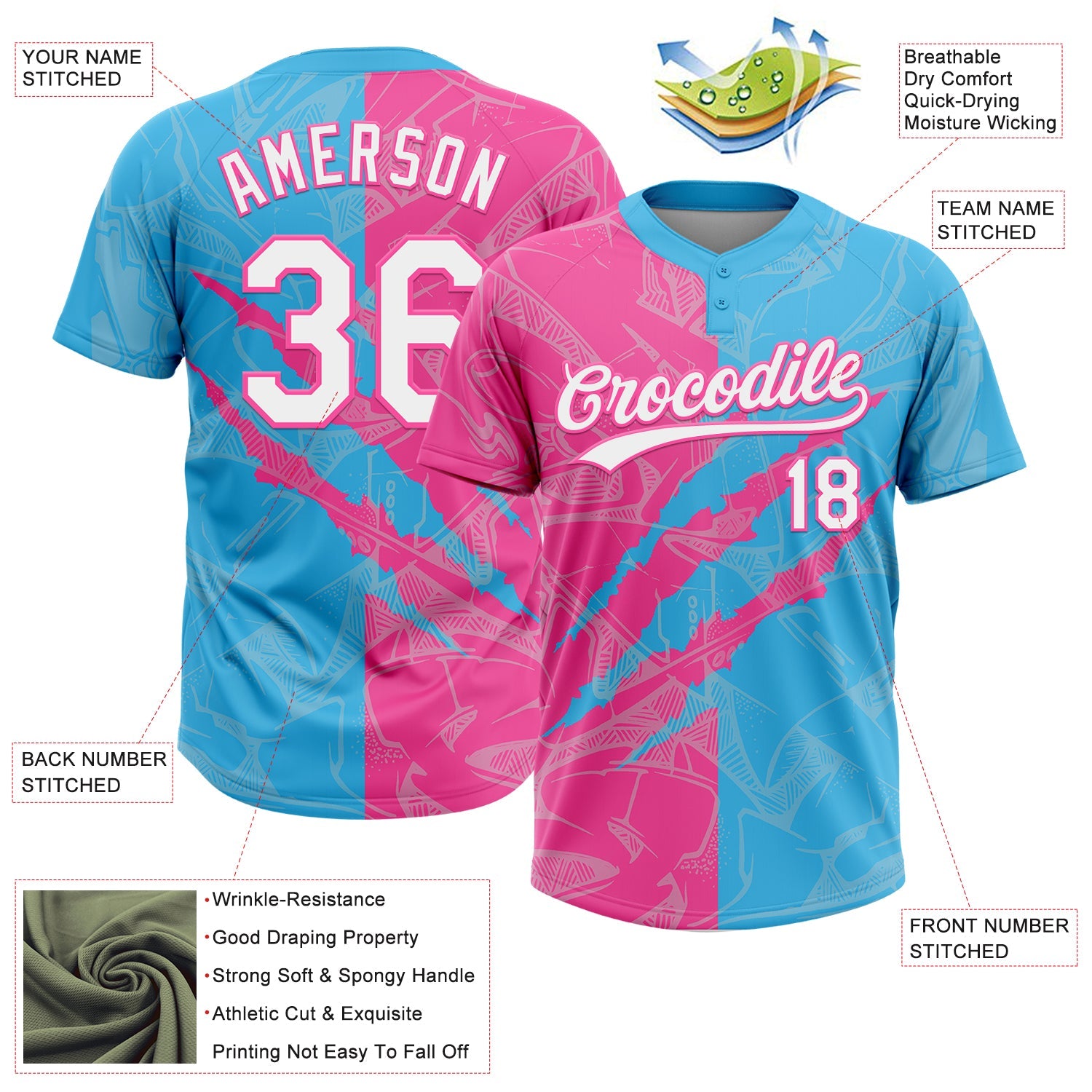 Custom Graffiti Pattern White Sky Blue-Pink 3D Scratch Two-Button Unisex Softball Jersey
