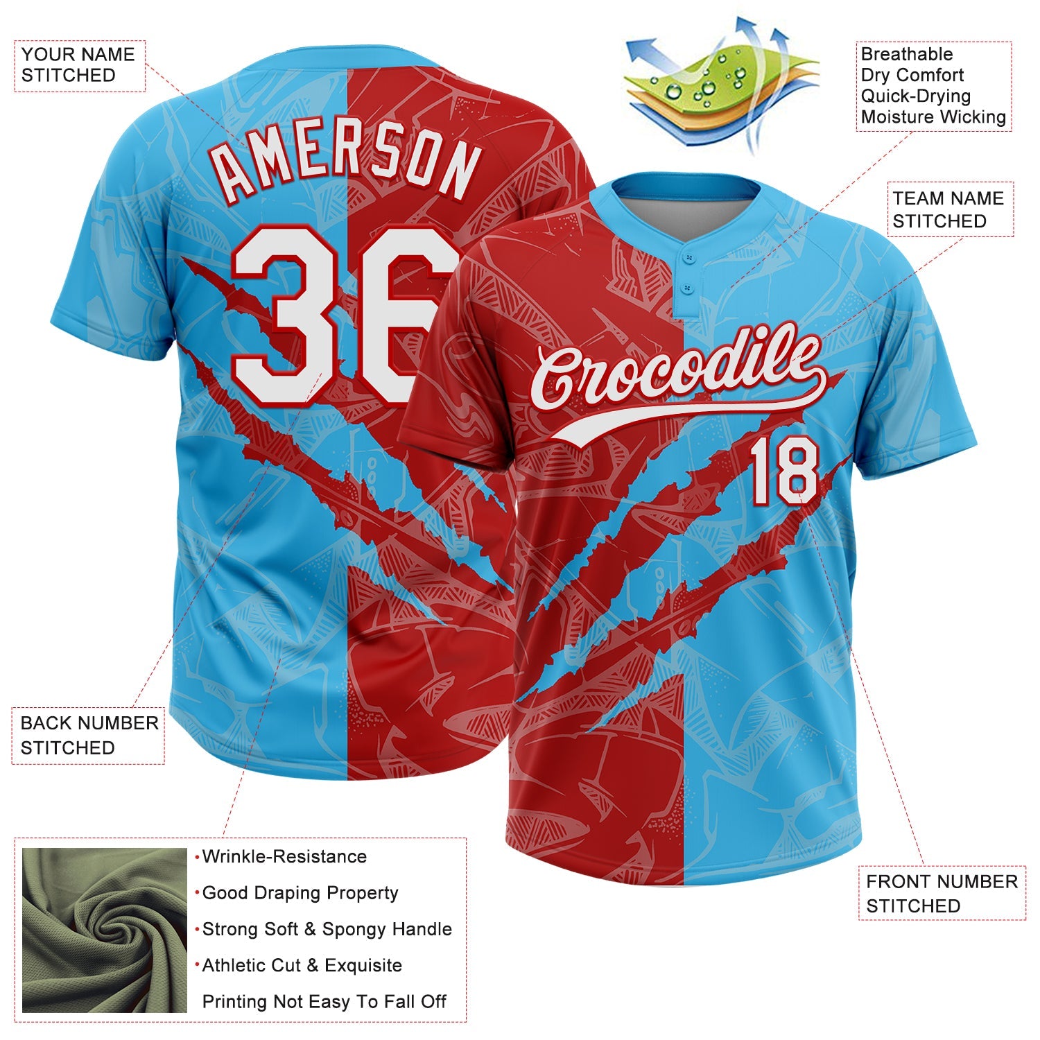 Custom Graffiti Pattern White Sky Blue-Red 3D Scratch Two-Button Unisex Softball Jersey