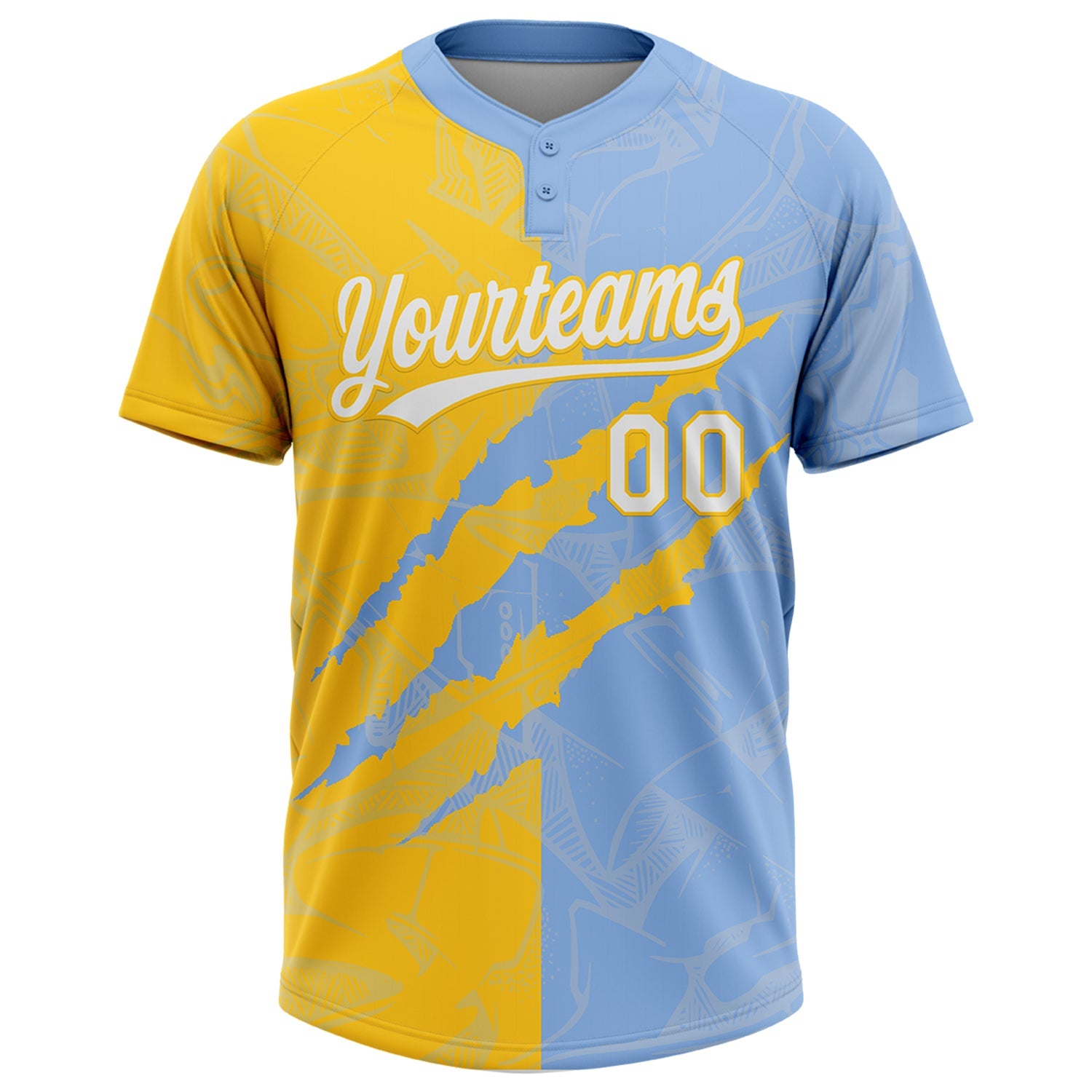 Custom Graffiti Pattern White Light Blue-Yellow 3D Scratch Two-Button Unisex Softball Jersey