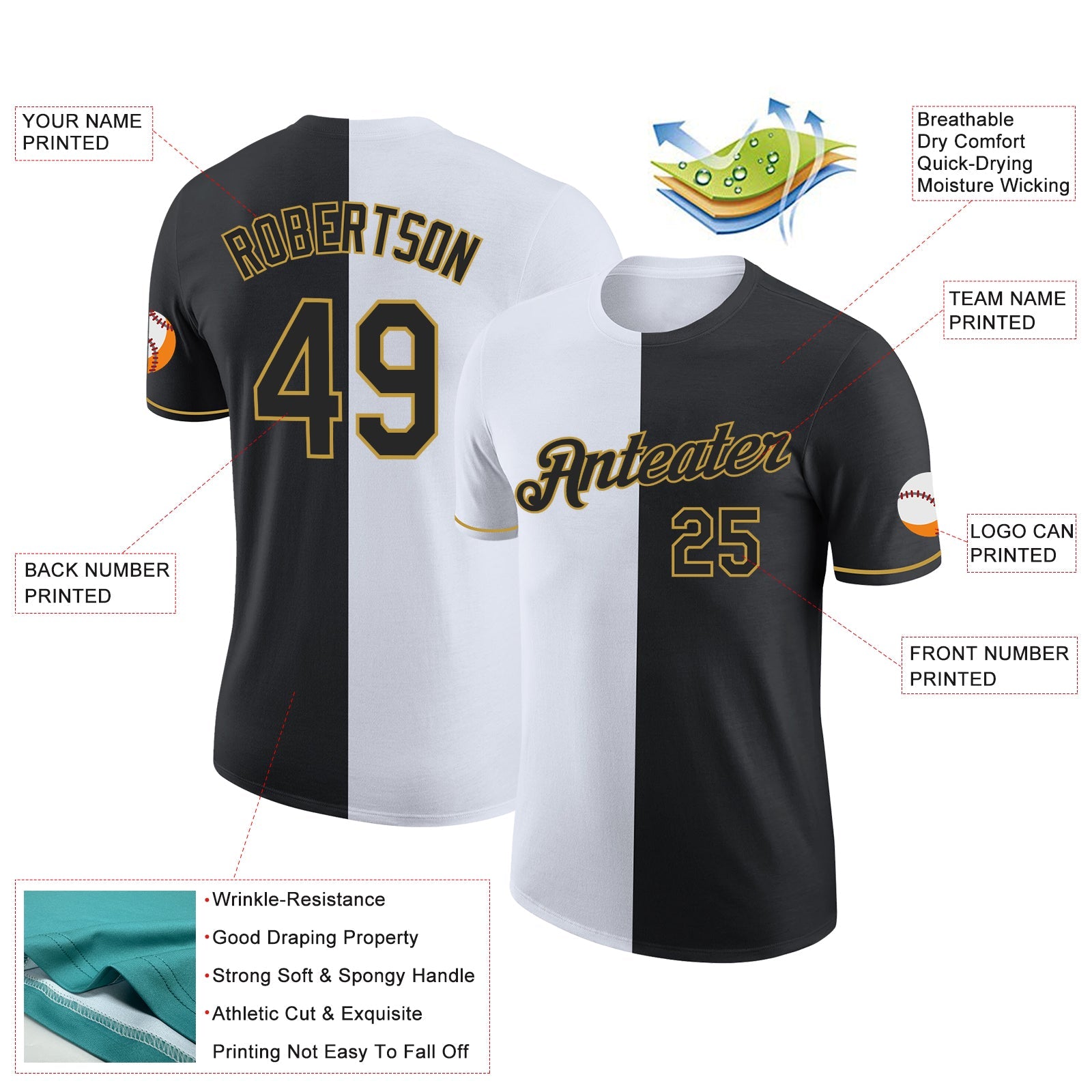 Custom Black White-Old Gold Split Fashion Performance T-Shirt