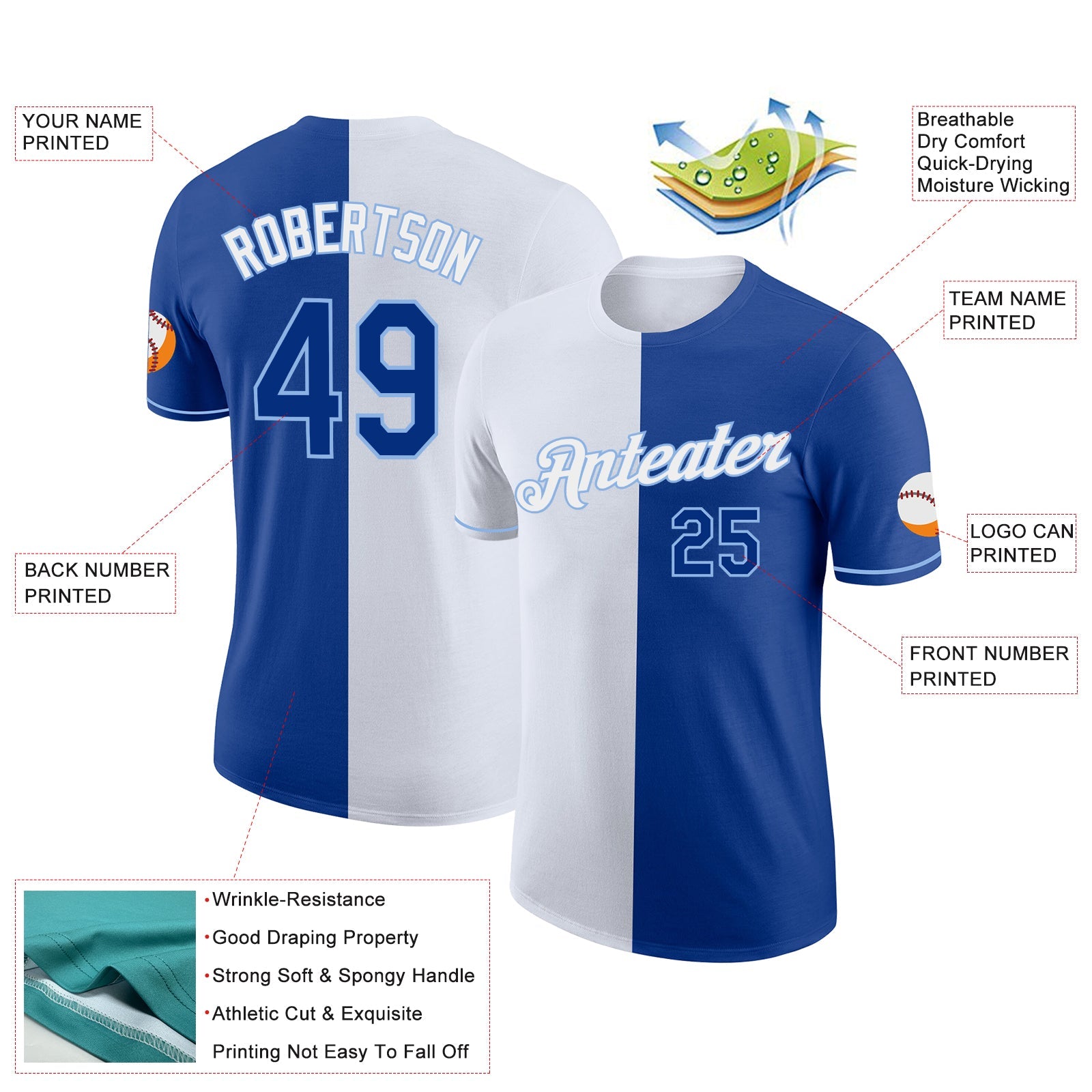 Custom Royal White-Light Blue Split Fashion Performance T-Shirt