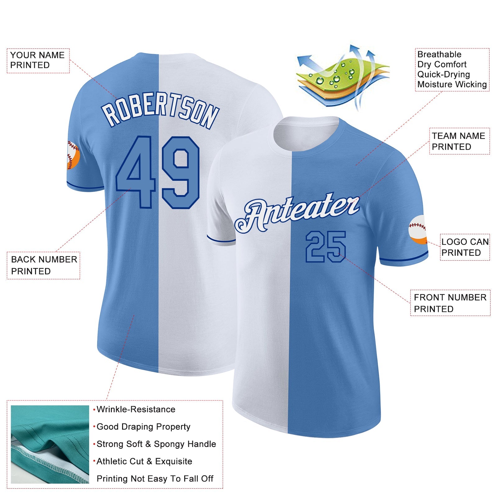 Custom Light Blue White-Royal Split Fashion Performance T-Shirt