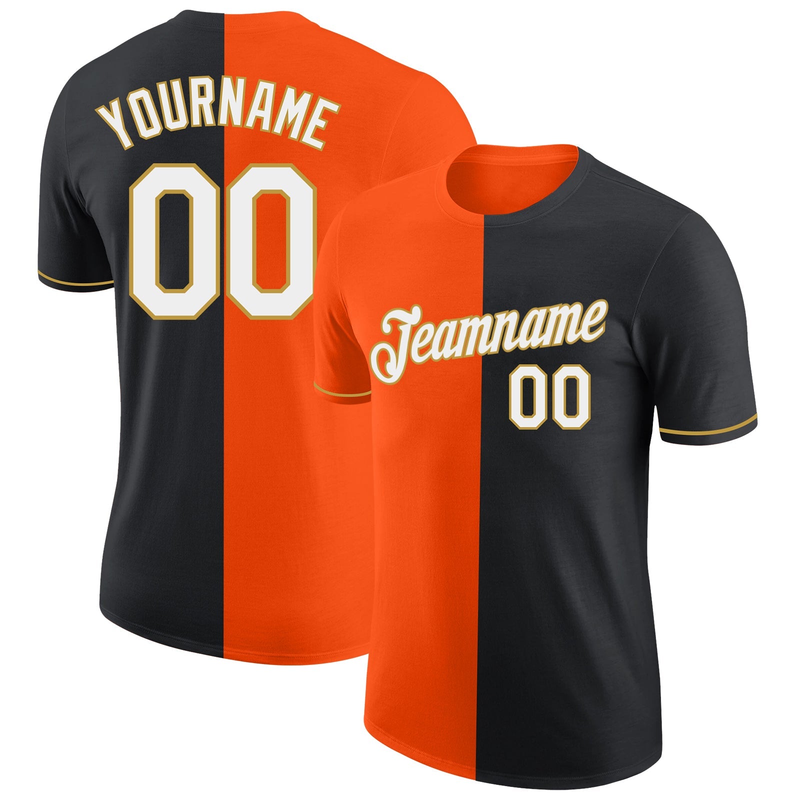 Custom Black Orange-Old Gold Split Fashion Performance T-Shirt