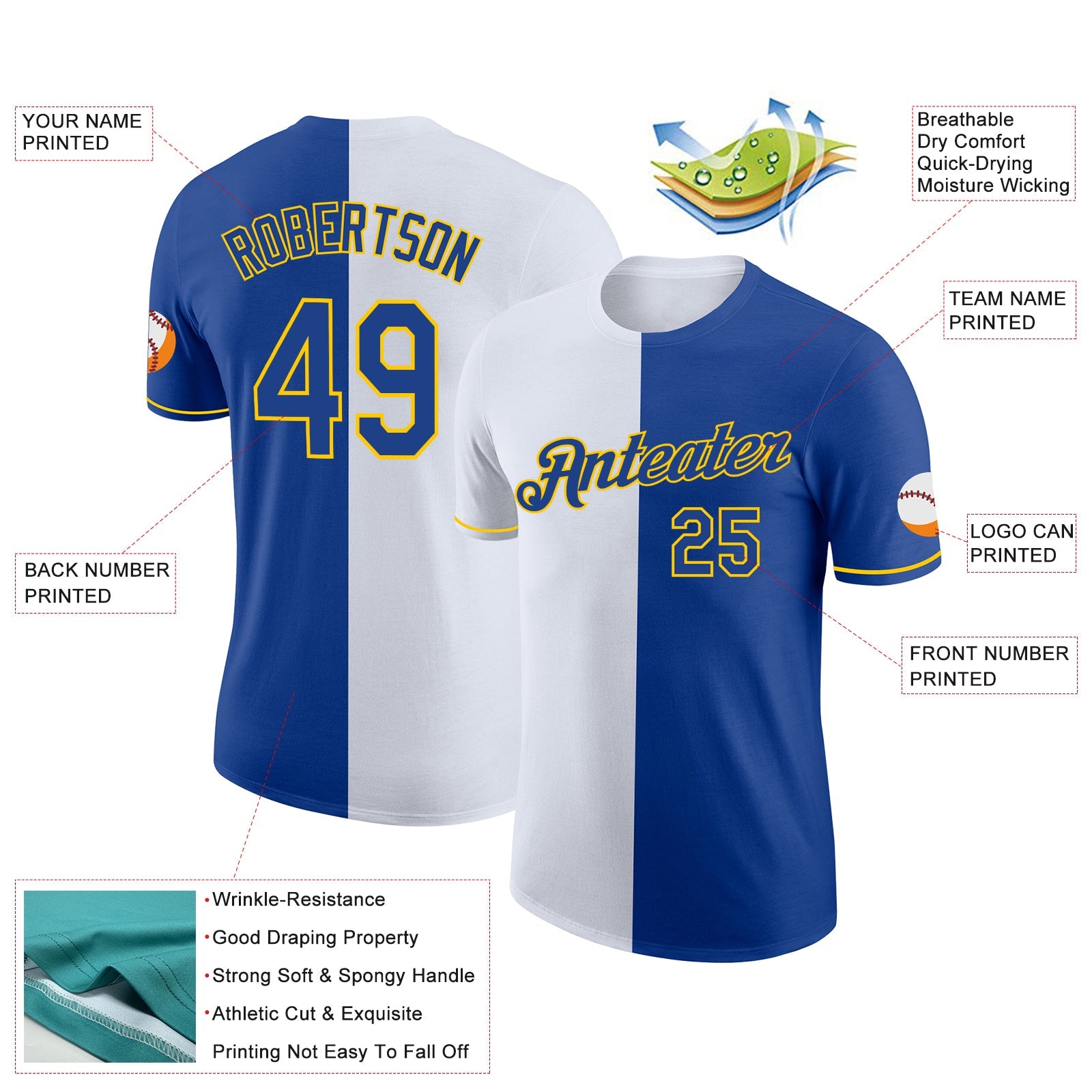 Custom Royal White-Yellow Split Fashion Performance T-Shirt