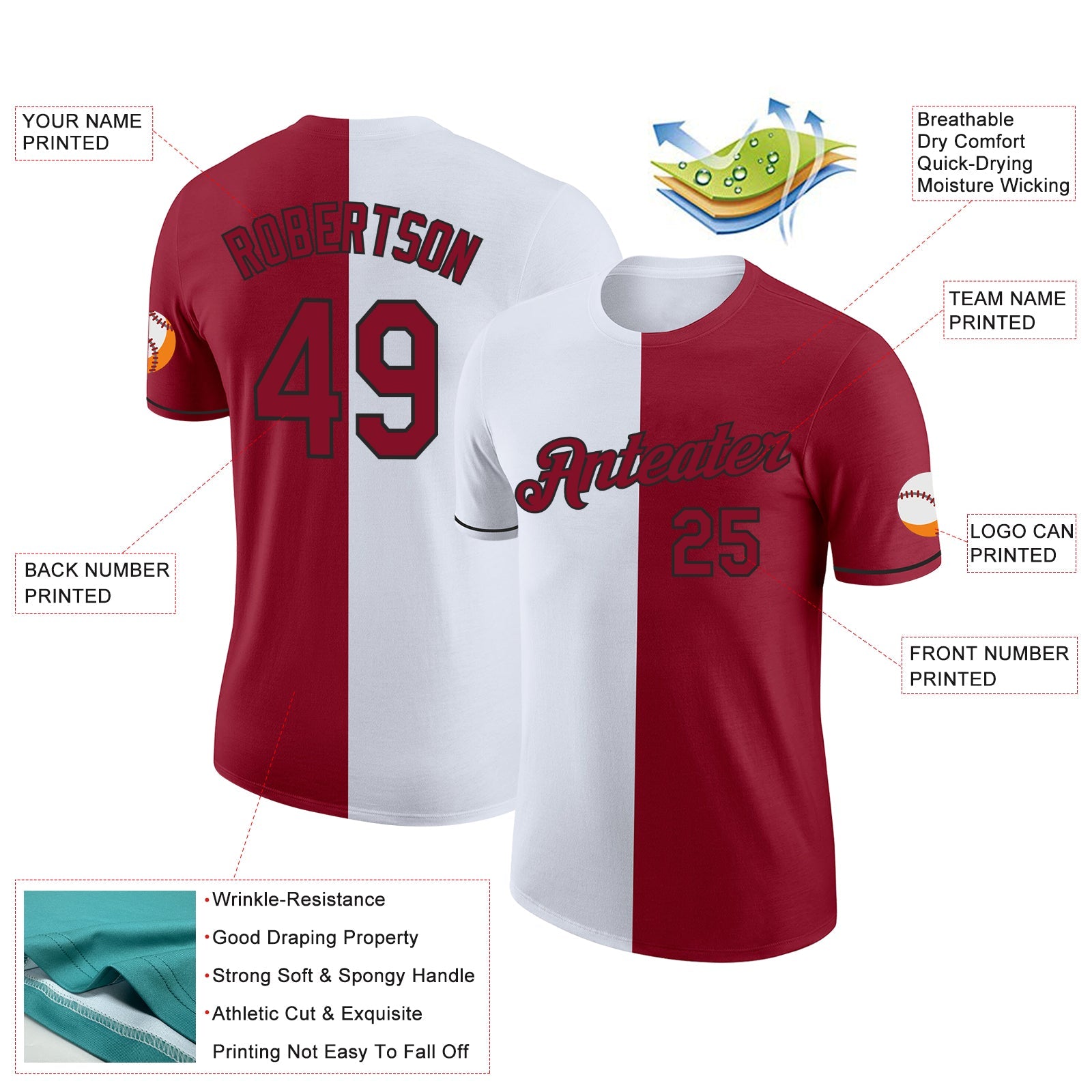 Custom Crimson White-Black Split Fashion Performance T-Shirt