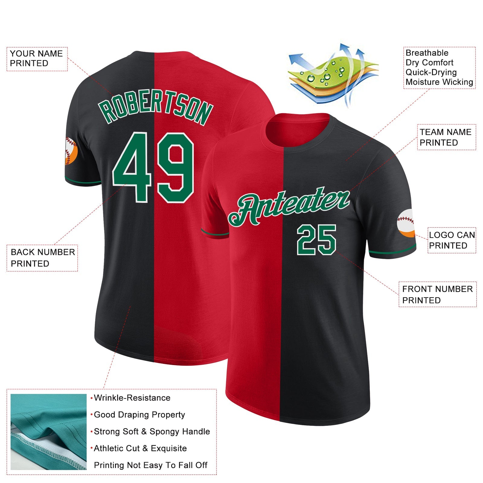 Custom Black Kelly Green-Red Split Fashion Performance T-Shirt