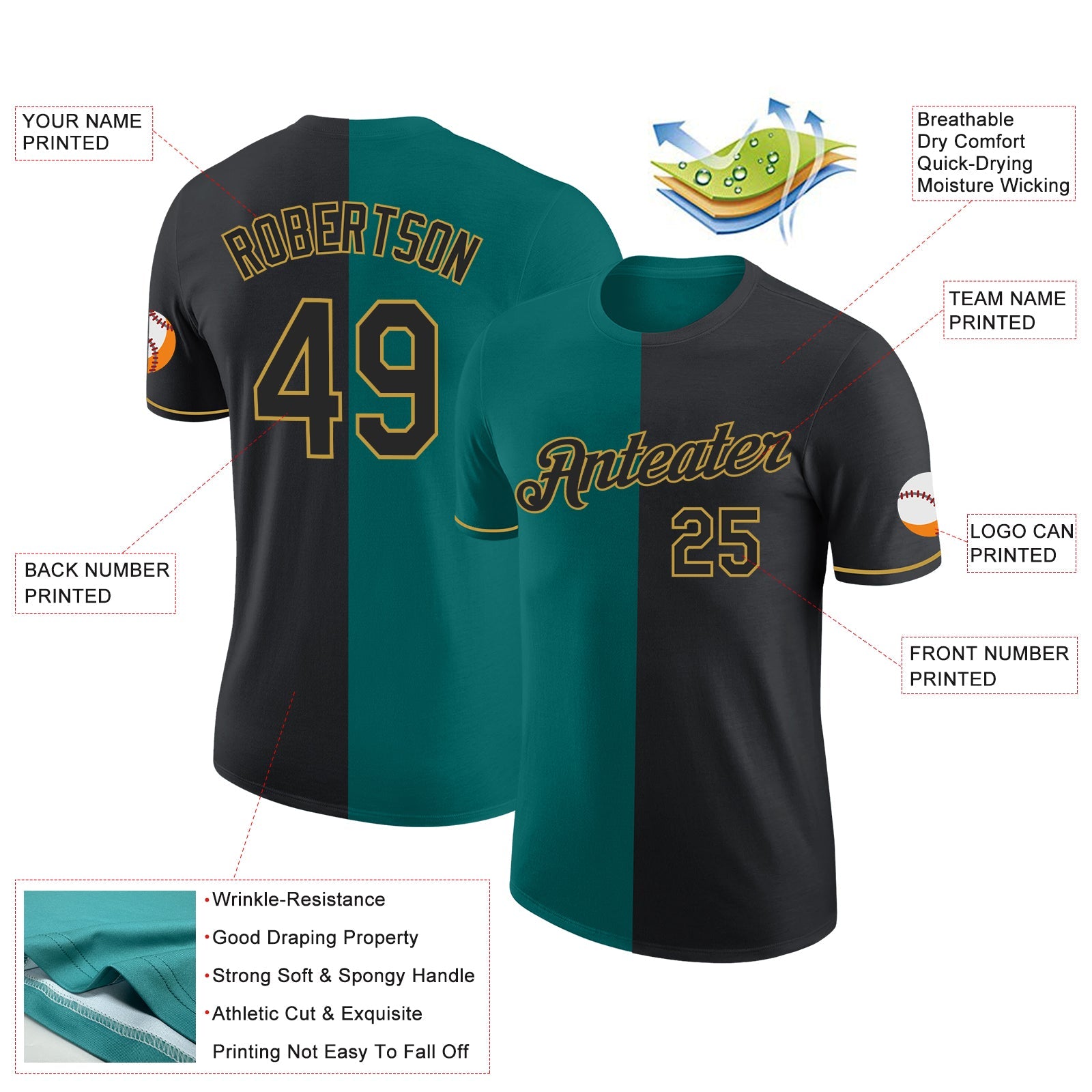 Custom Black Teal-Old Gold Split Fashion Performance T-Shirt