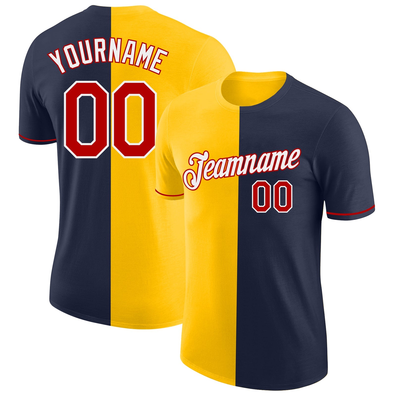 Custom Navy Red-Yellow Split Fashion Performance T-Shirt