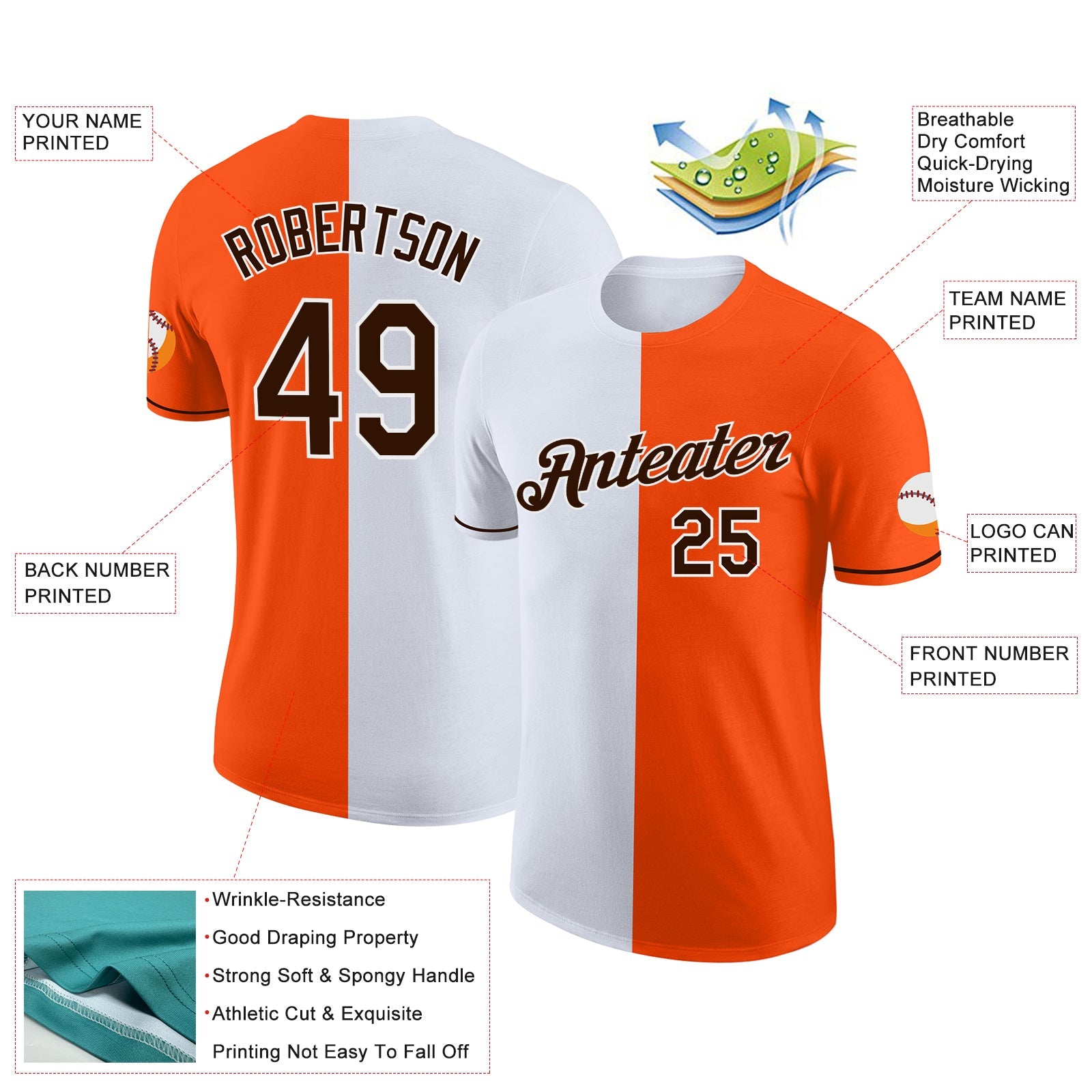 Custom Orange Brown-White Split Fashion Performance T-Shirt