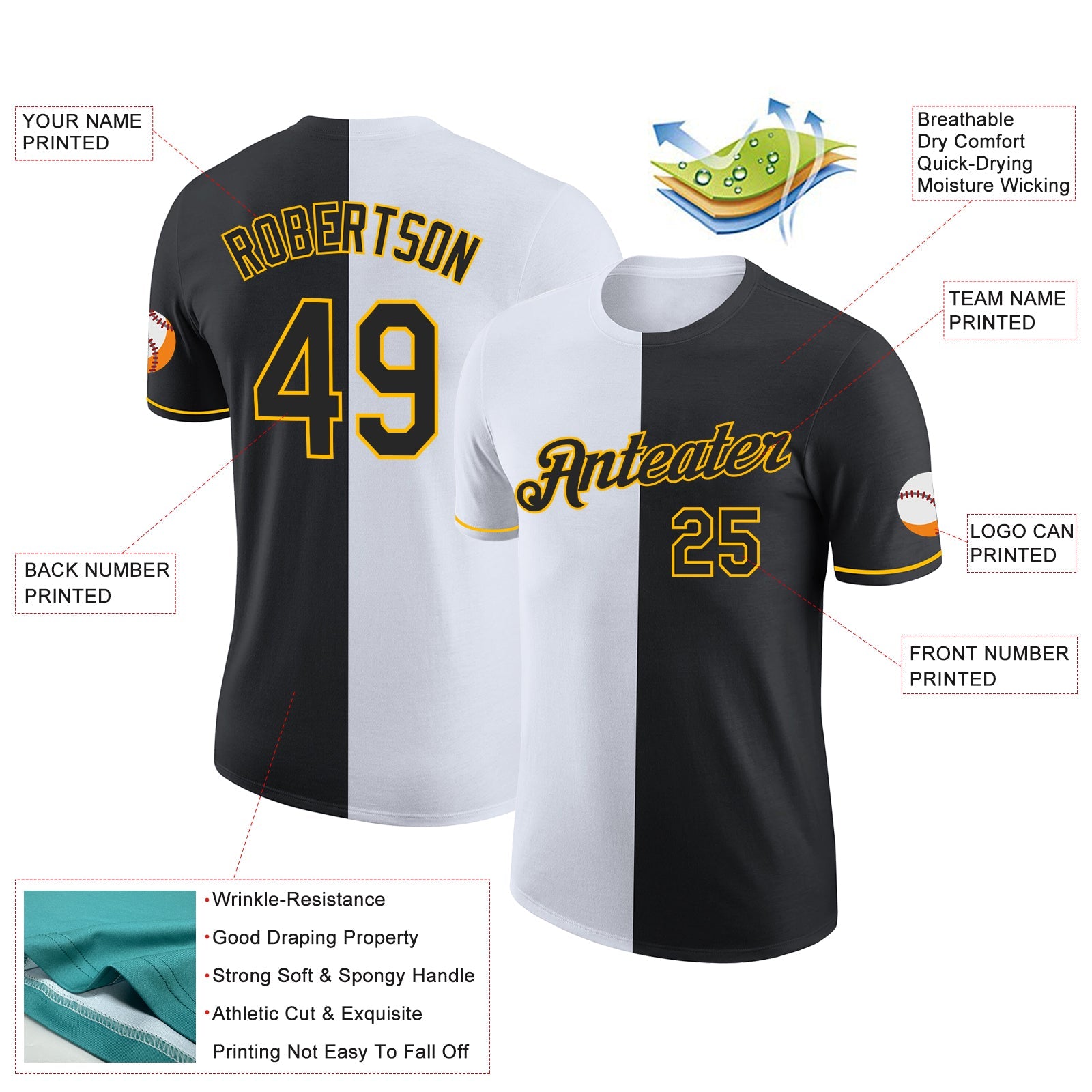 Custom Black White-Gold Split Fashion Performance T-Shirt