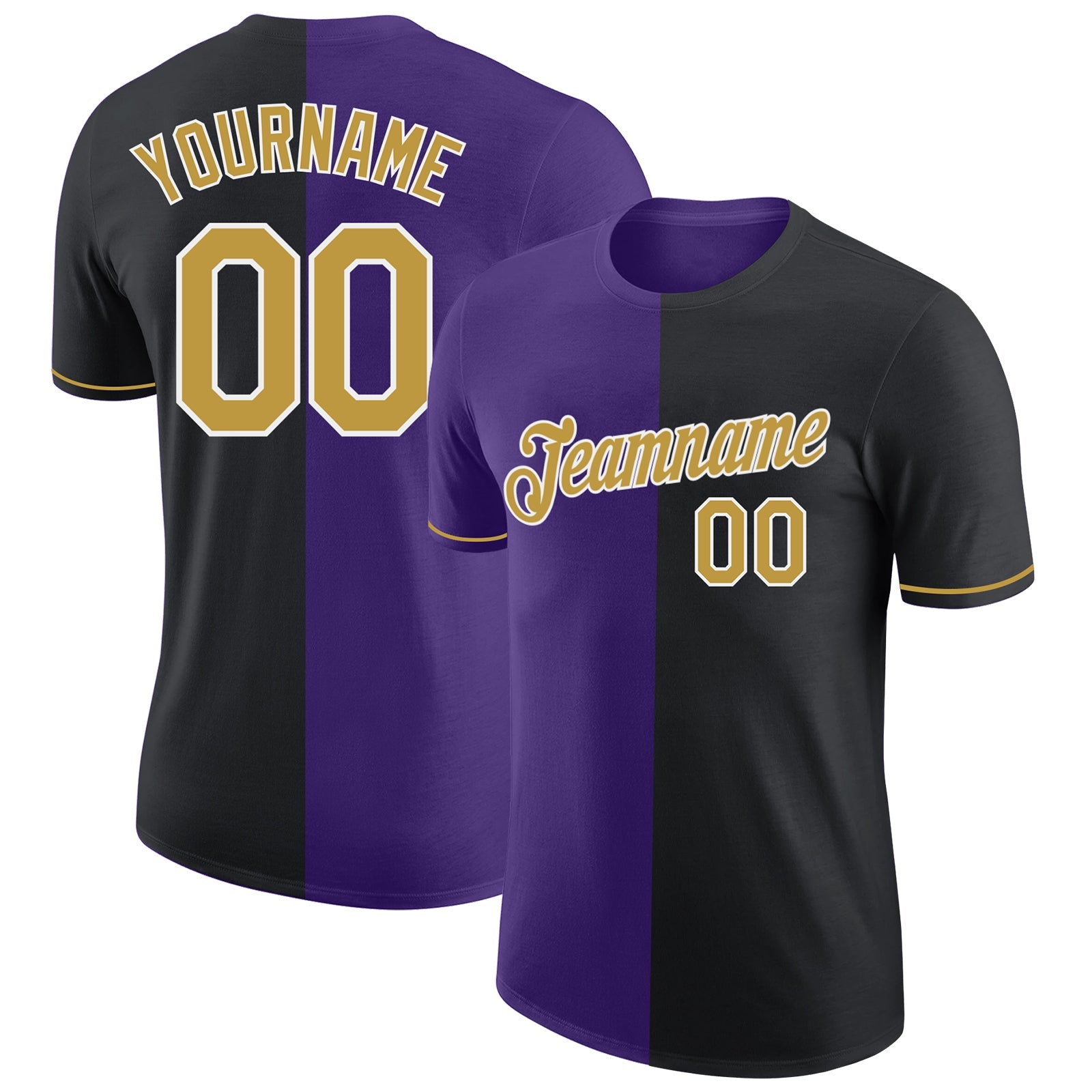 Custom Black Old Gold-Purple Split Fashion Performance T-Shirt