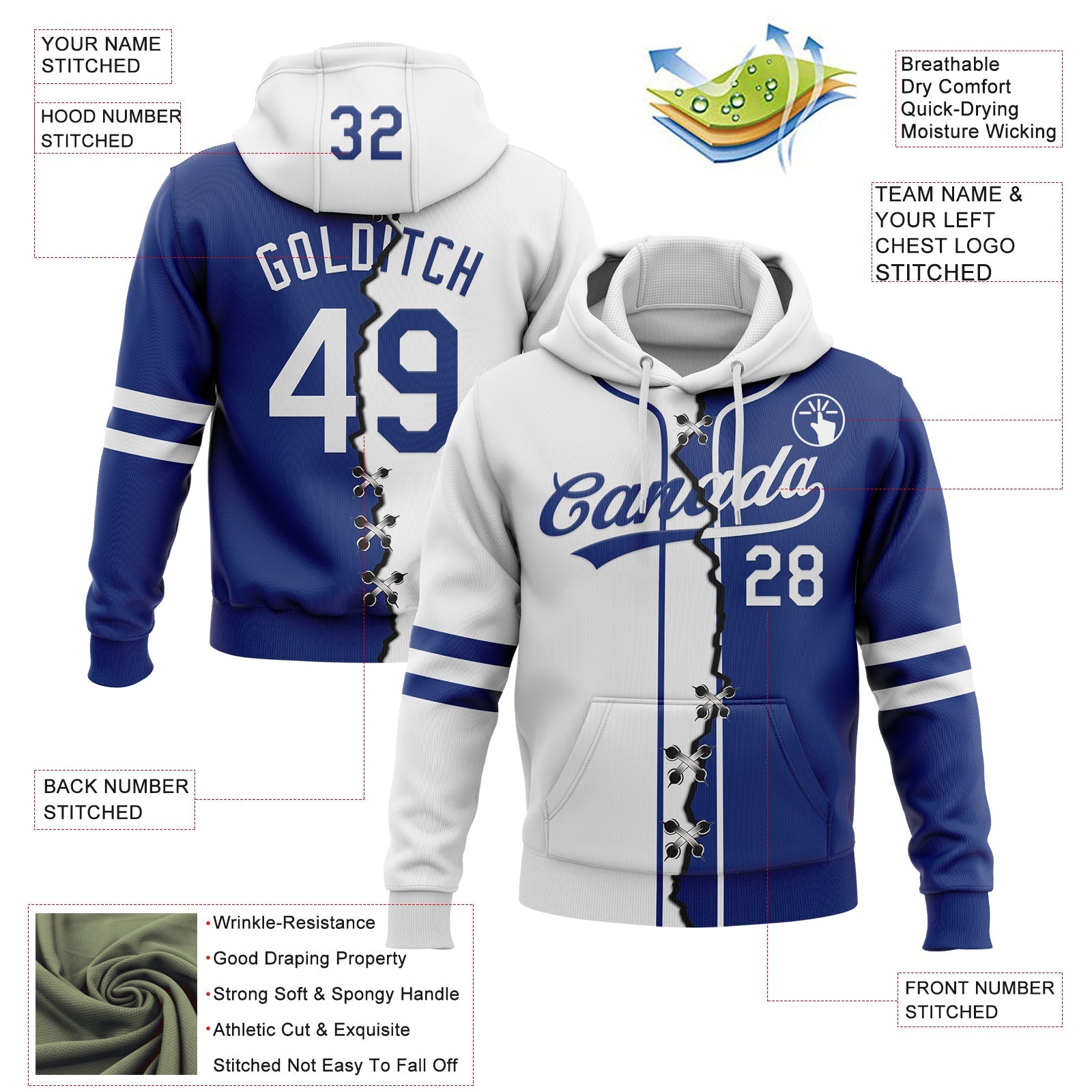Custom Royal White Split Ripped Pattern Baseball Pullover Sweatshirt Hoodie